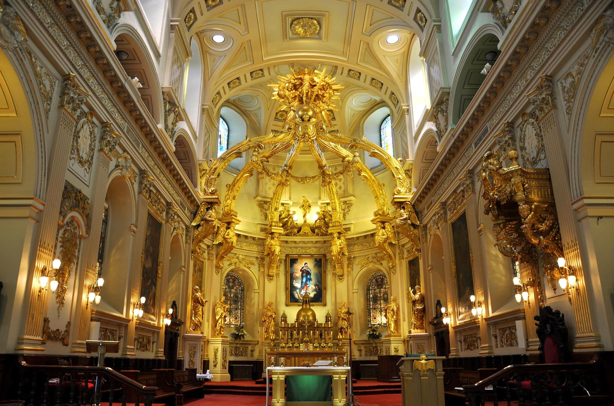 Interior of Notre-Dame de Quebec Basilica Cathedral in Old Quebec City World Heritage Site, Quebec QC, Canada. 