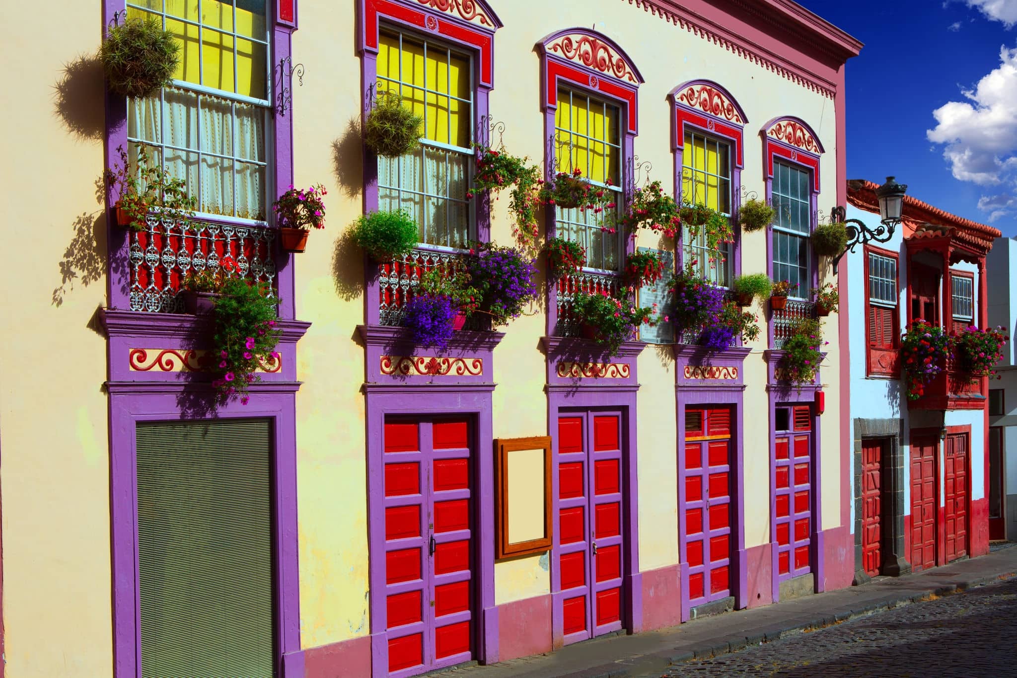 Santa Cruz de La Palma colonial flowers house facades in canary Islands