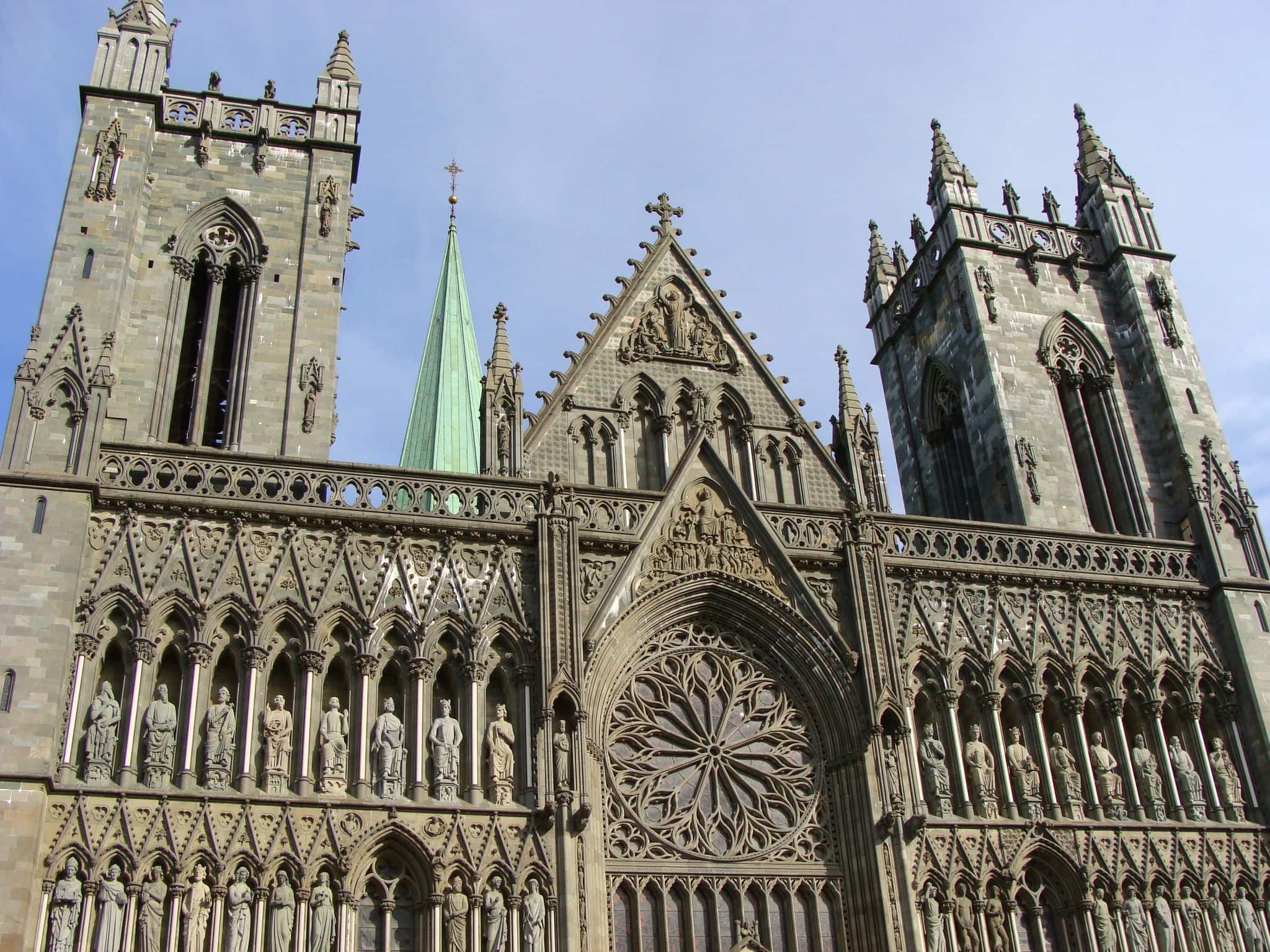 The ornamental facade of Nidaros Cathedral, Trondheim, Norway