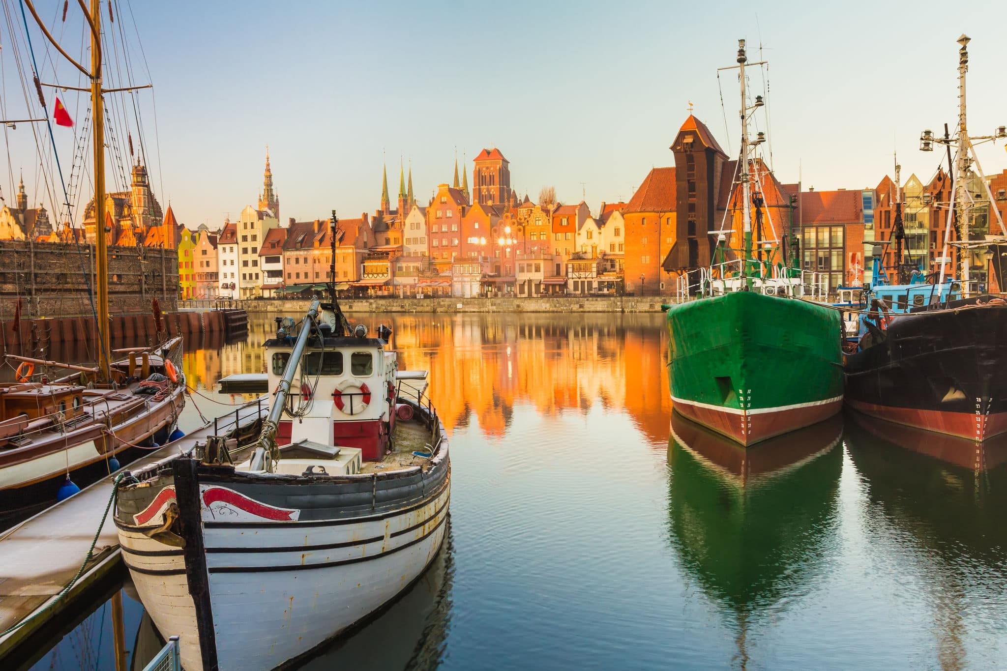 Morning scenery with boats of Gdansk old town in Poland