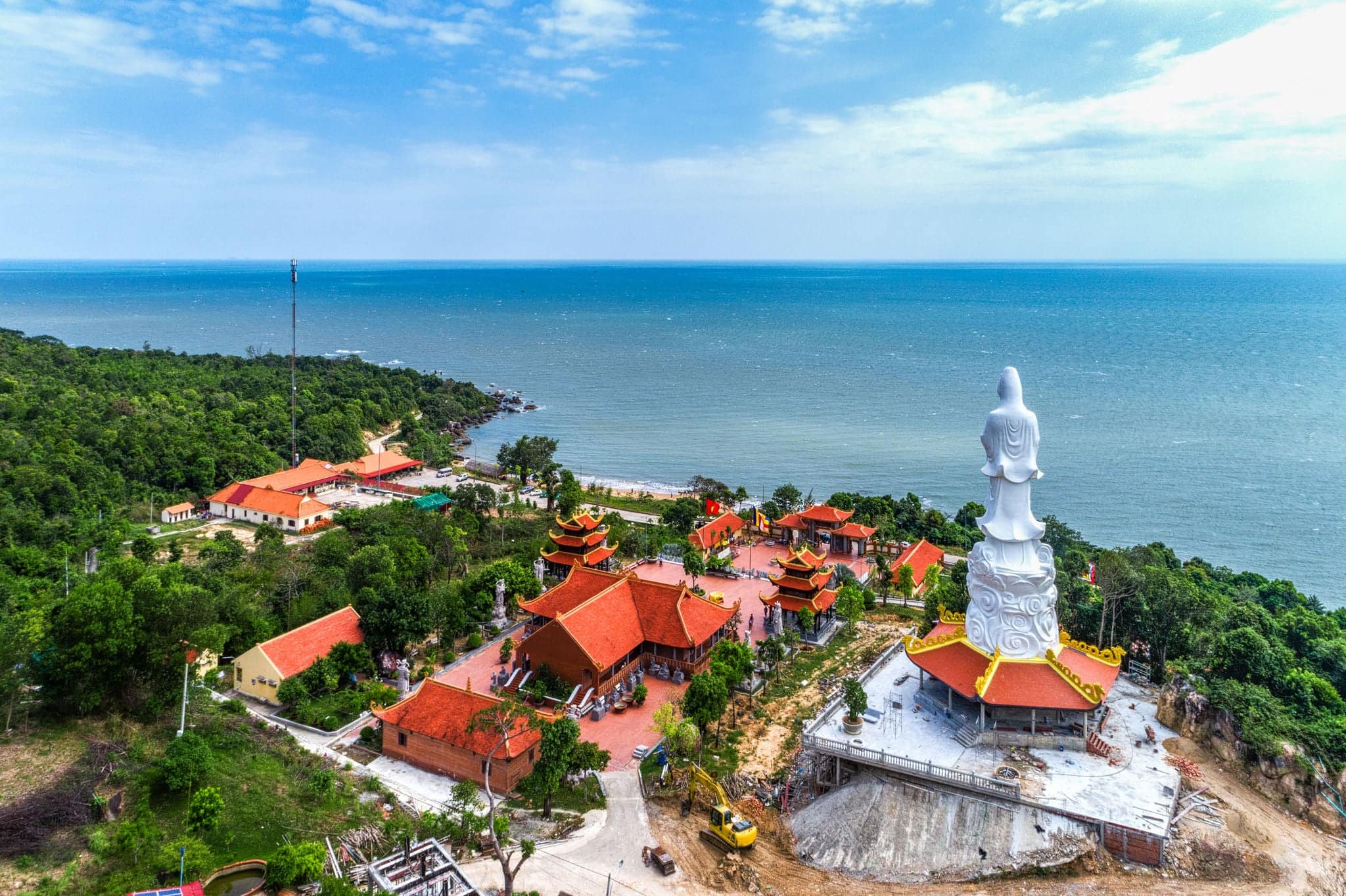 View of Chinese temple on Phu Quoc island ,Vietnam. From aerial , Ho Quoc pagoda