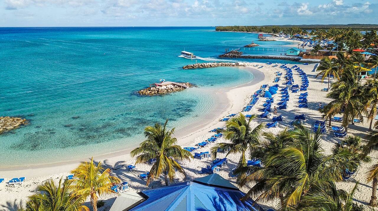 Beautiful drone shoot of idyllic tropical beach of Princess Cays Island in Bahamas   