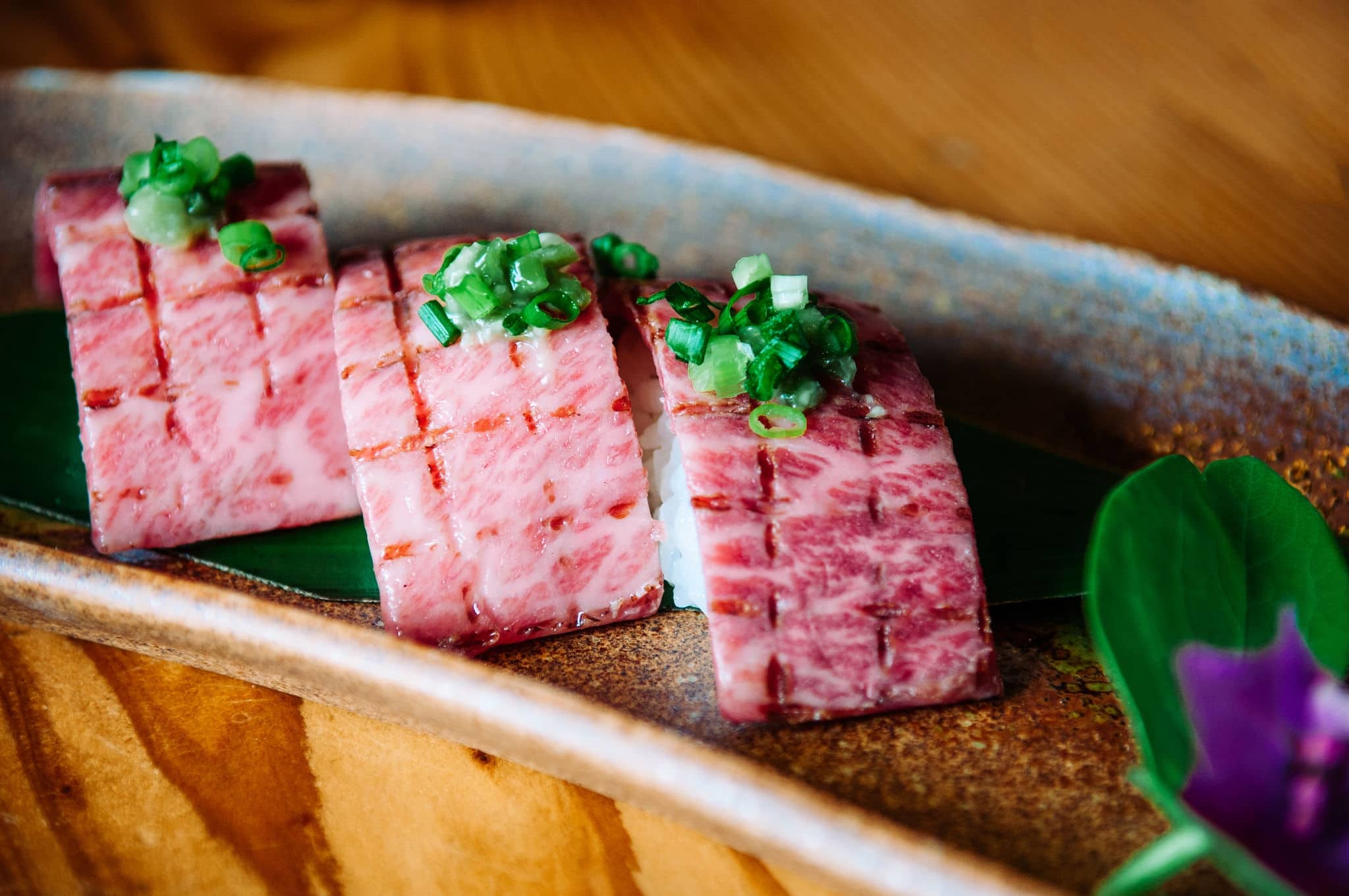 Close up Ishigaki beef wagyu A5 premium grade Sushi at local restaurant, Okinawa, Japan