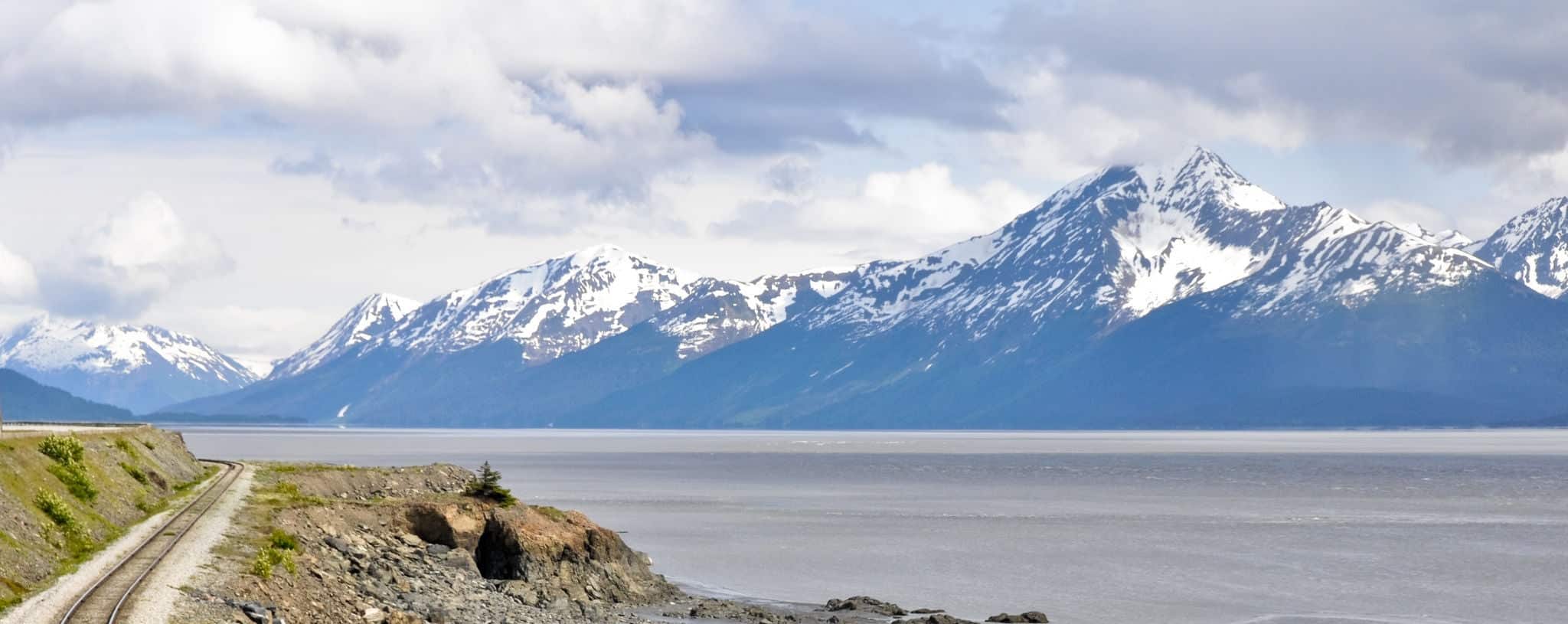 Railroad tracks running through Turnagain Arm, Alaska 