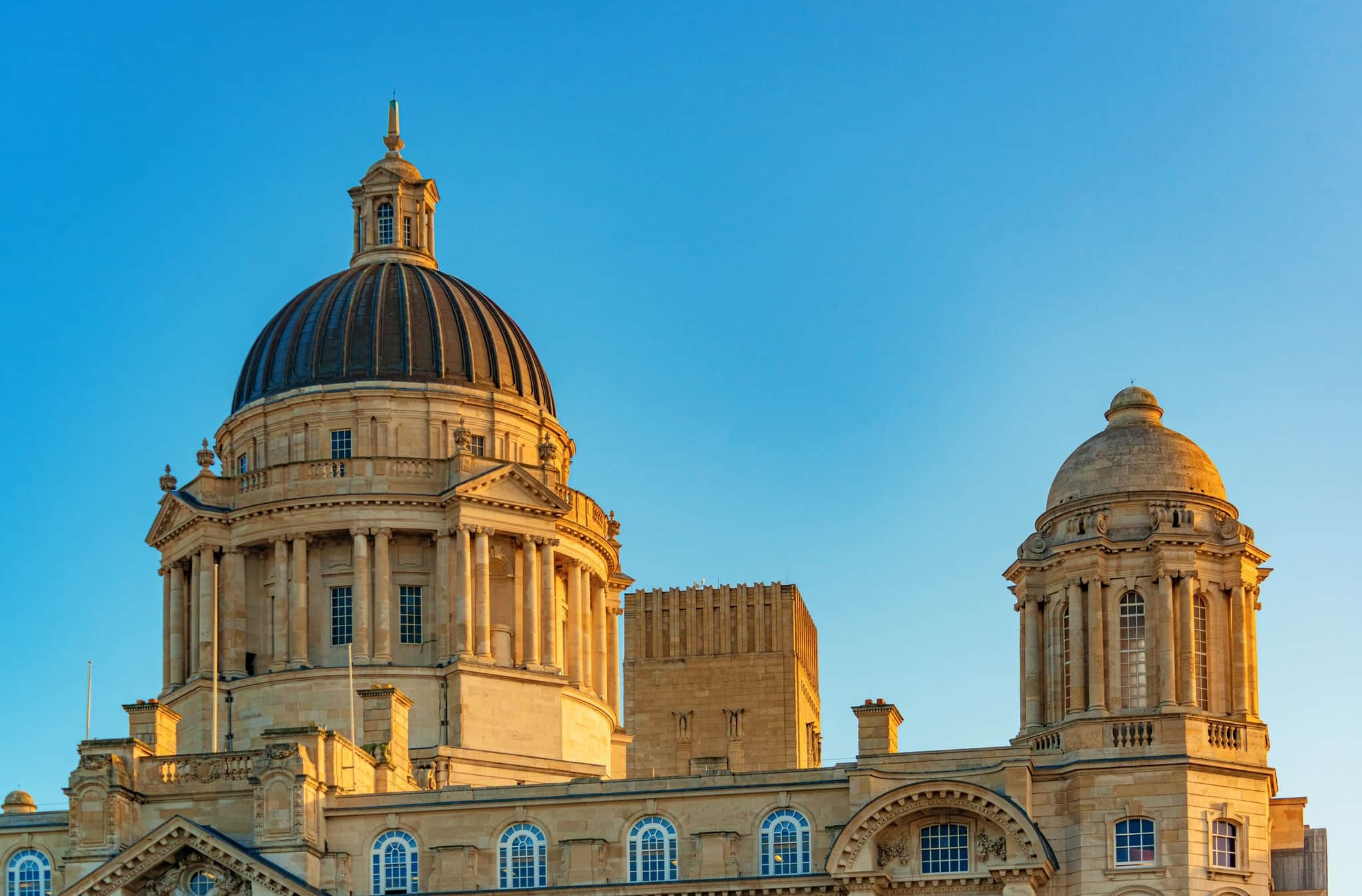 Liverpool historical architecture closeup view with cityscape in city center in England in United Kingdom