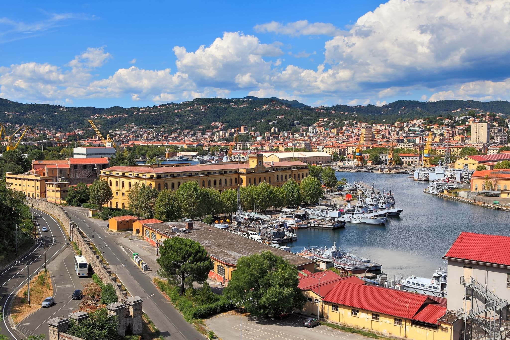 View on harbor with military navy base and city of La Spezia in Liguria, Italy.