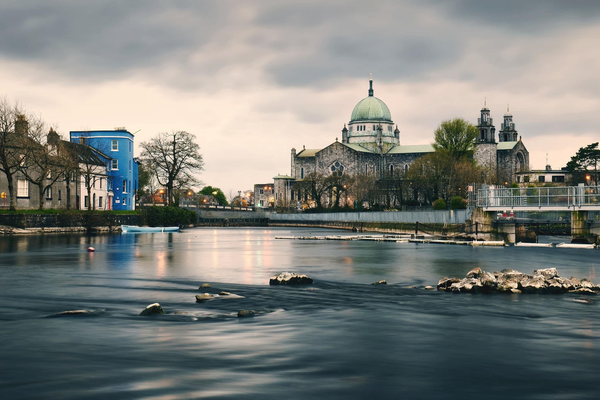 Beautiful cityscape scenery with irish landmark Galway cathedral by the Corrib River in Ireland 