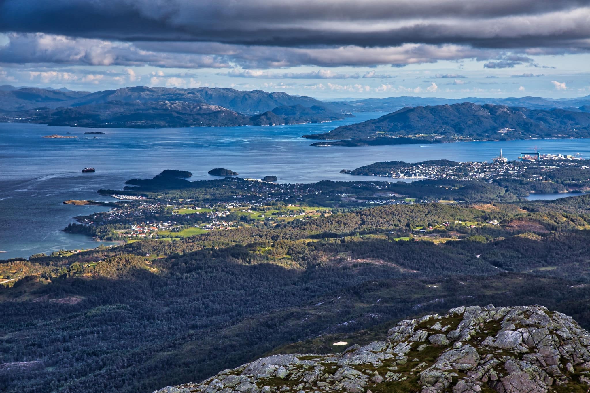 Stord island in Norway. Aerial view HDR. Leirvik town.