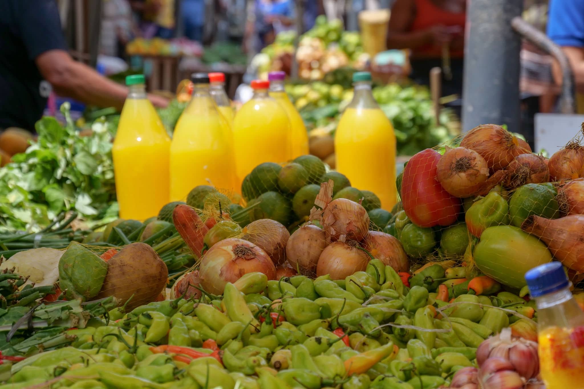 Close up of green fruits and vegetables at a fruit stall at Mercado Ver o Peso, Belem, State of Para, Amazon region, Brazil, South America
