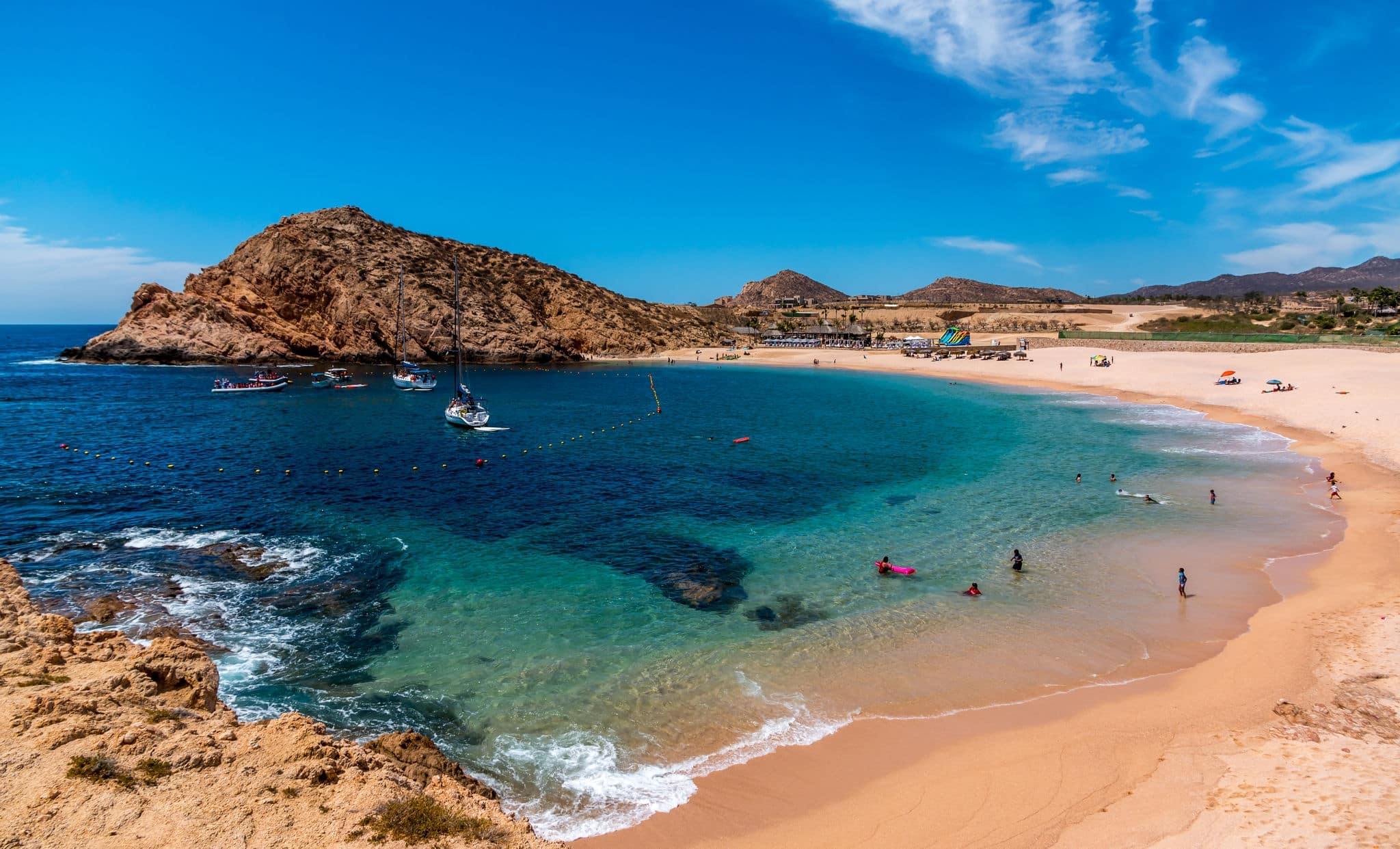 Beautiful Santa Maria beach by Cabo San Lucus has full life guarding and bathroom facilities. It is a sheltered beach that provides safe swimming and snorkeling areas. 