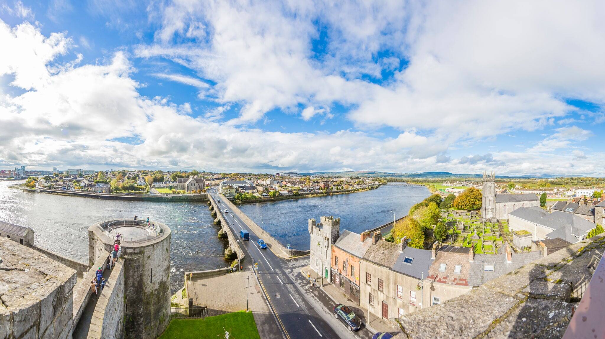 Panoramic view on river Shannon and Thomond bridge from Limerick city wall