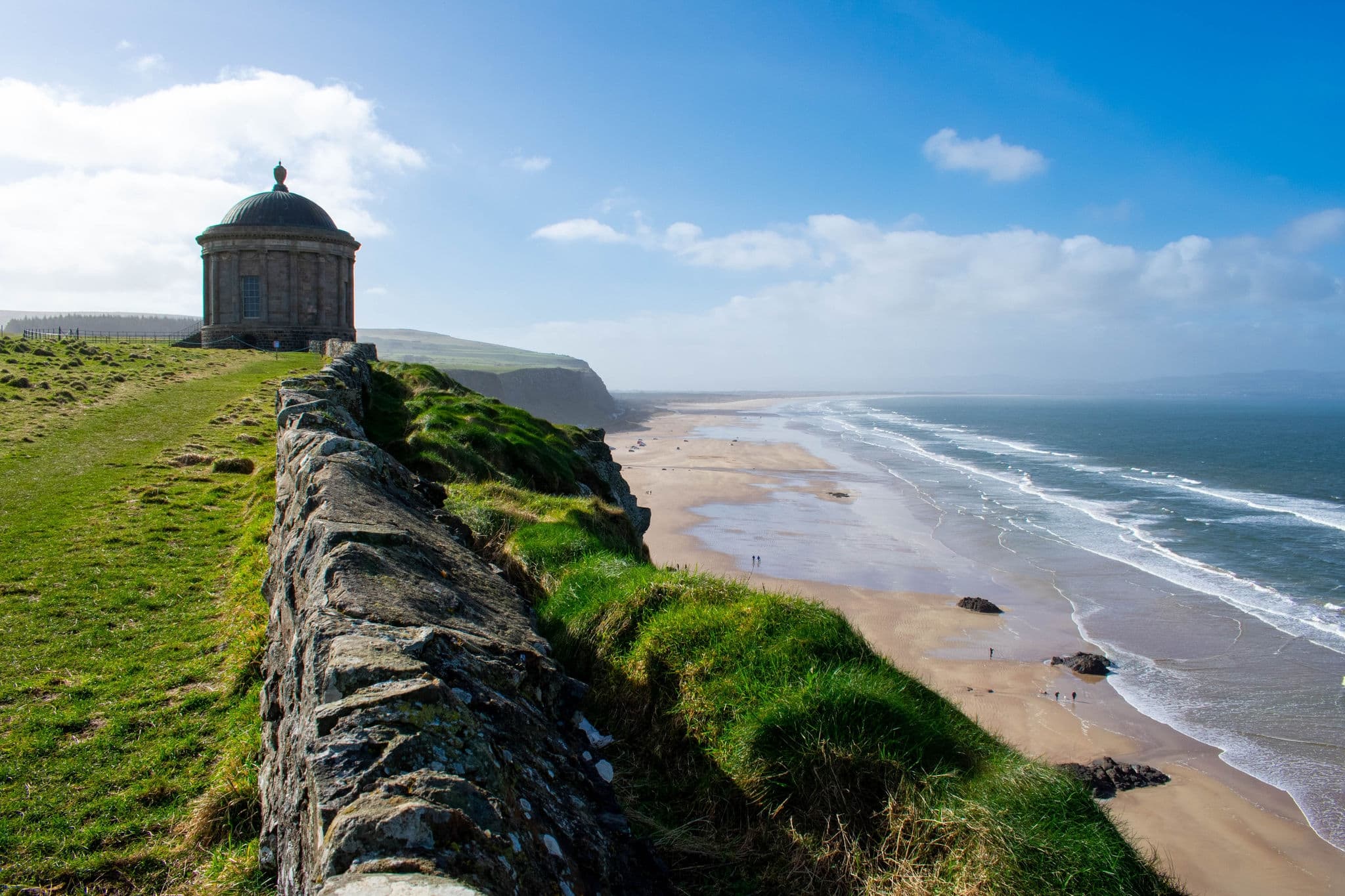 Mussenden Temple and Benone Beach in Castlerock, coast of Atlantic Ocean in Northern Ireland 