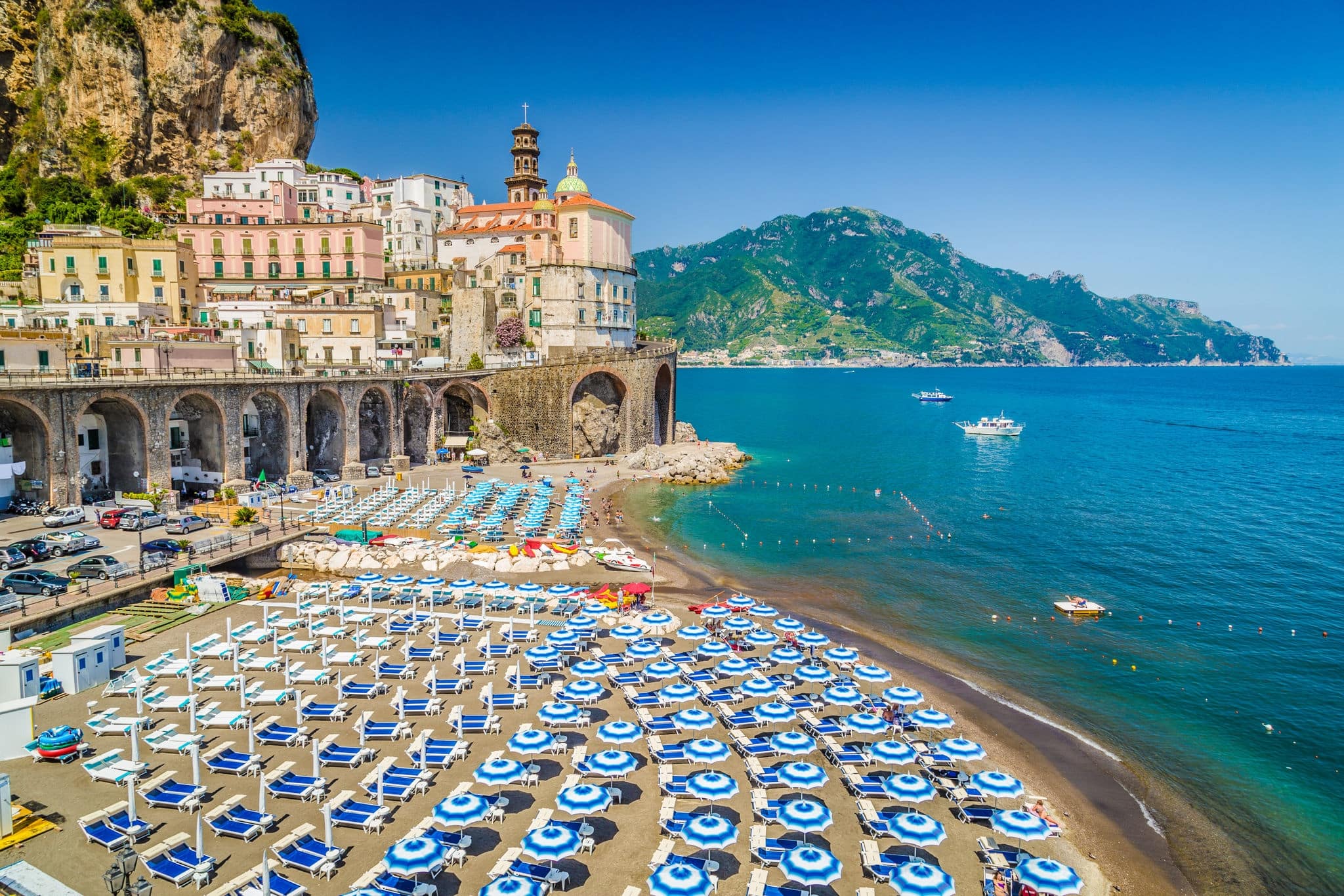 Scenic picture-postcard view of the beautiful town of Atrani at famous Amalfi Coast with Gulf of Salerno, Campania, Italy