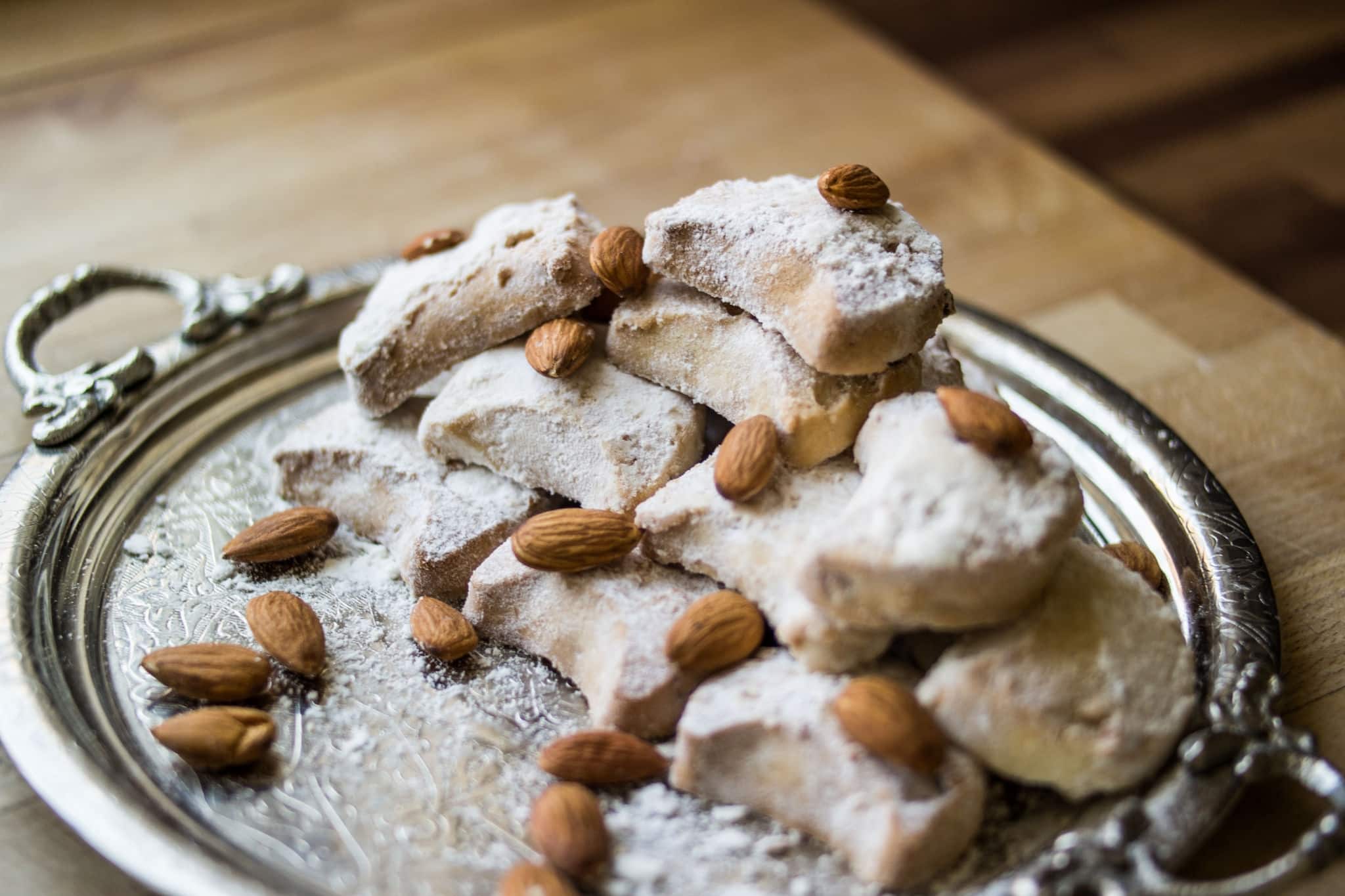 Traditional Kavala Cookies with almond in a silver tray