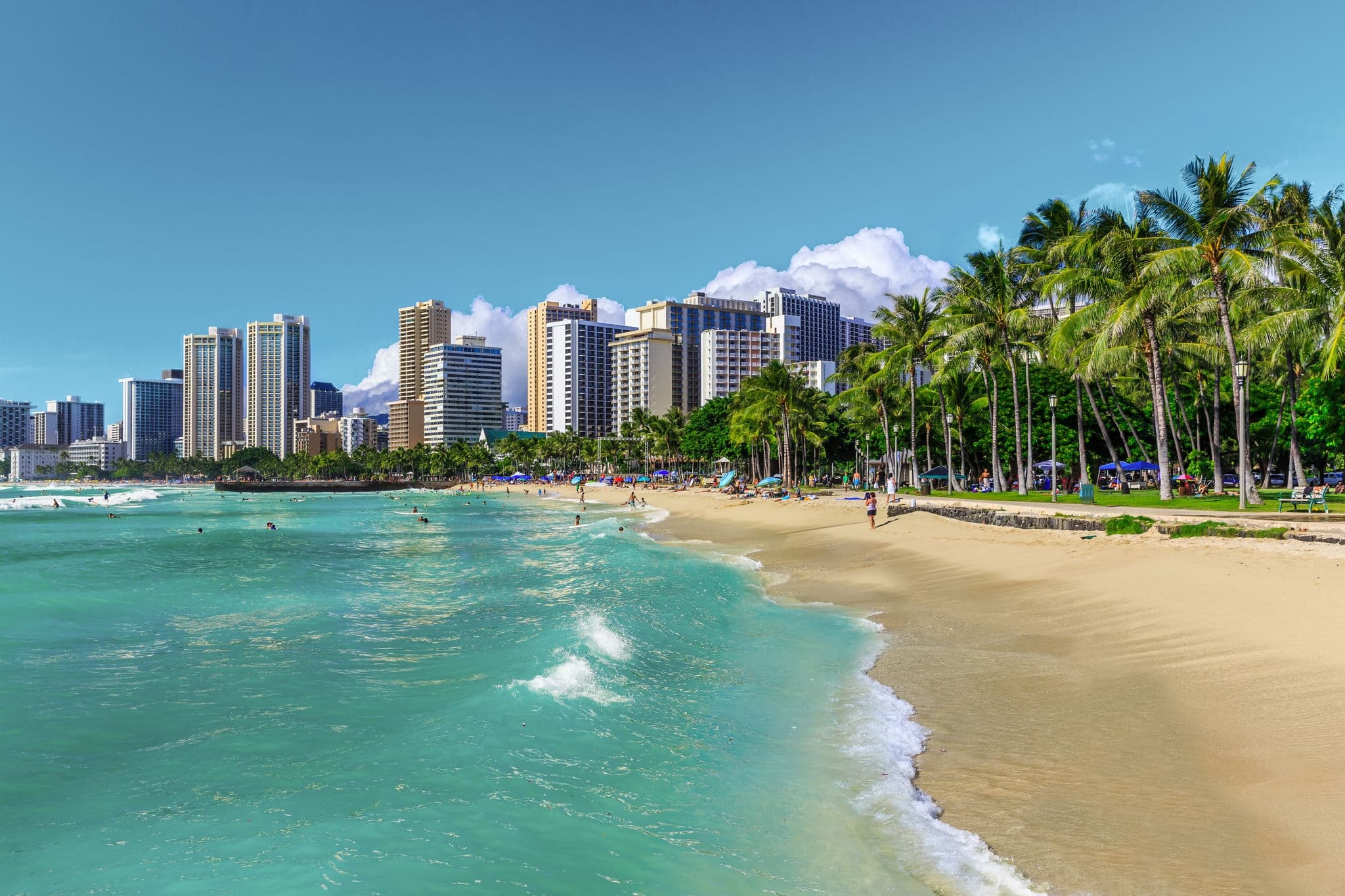 Honolulu, Hawaii. Waikiki beach and Honolulu's skyline.