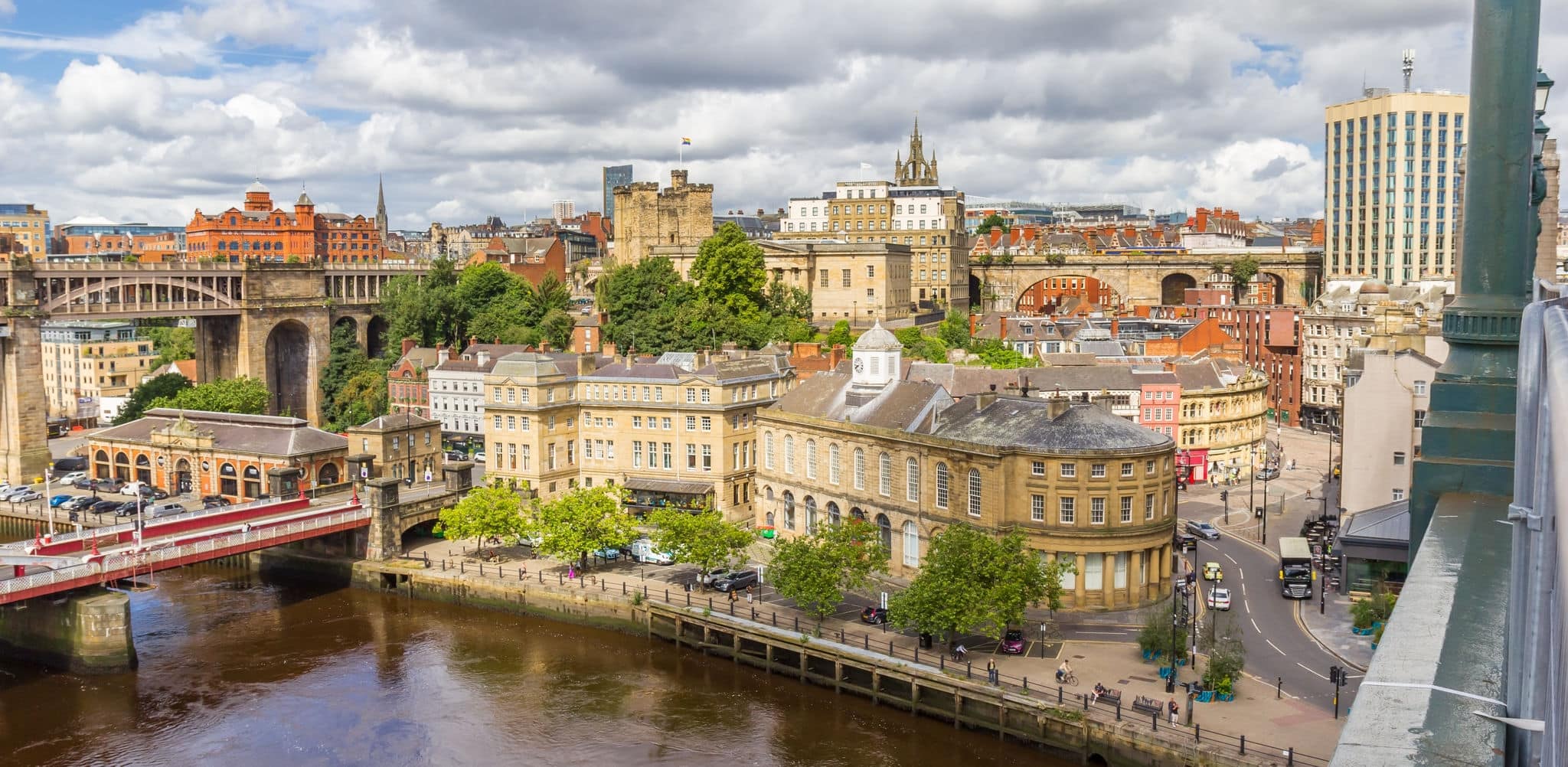 Panoramic view over the historic city center from the Tyne Bridge in Newcastle, England