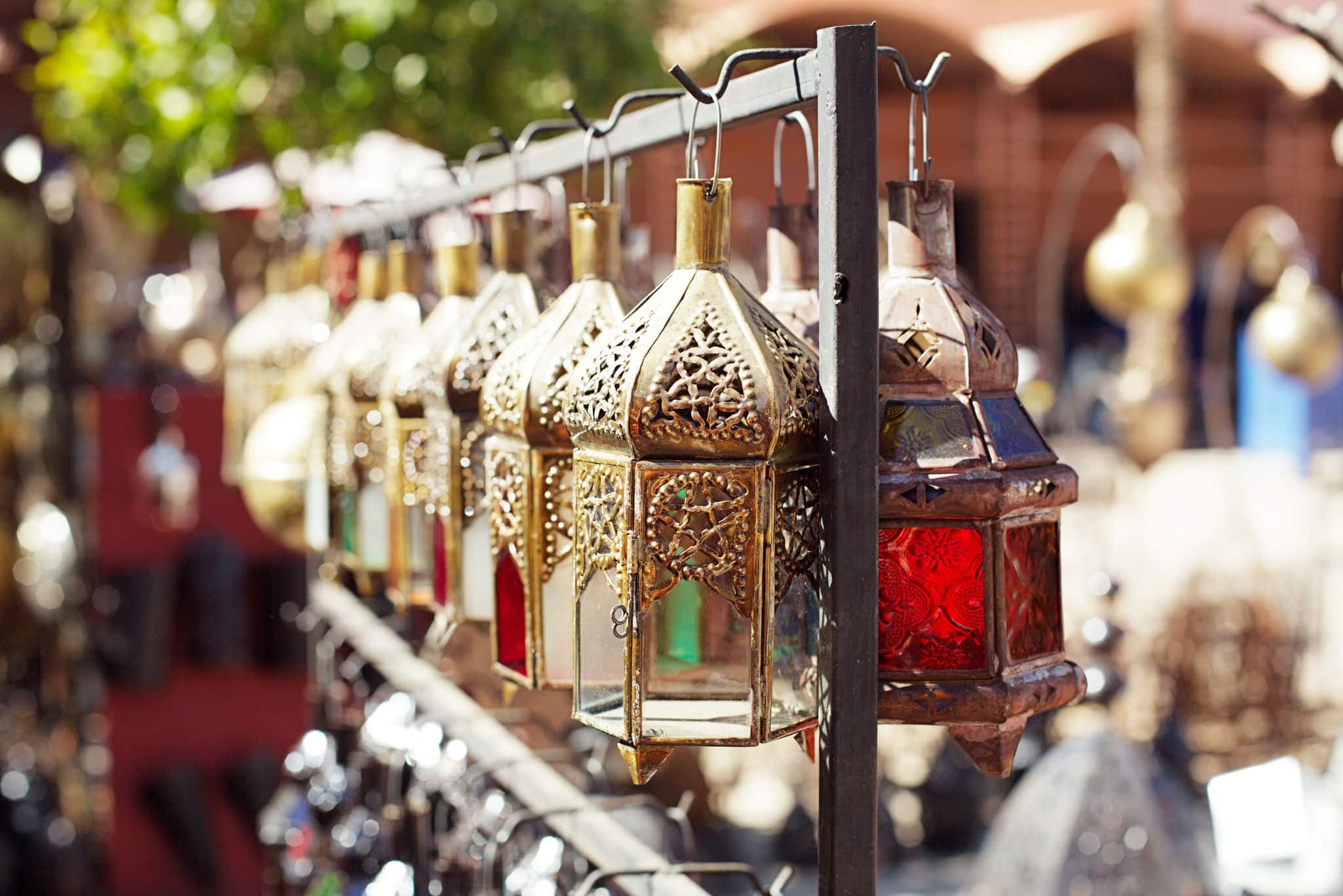 Moroccan glass and metal lanterns lamps in Marrakesh souq