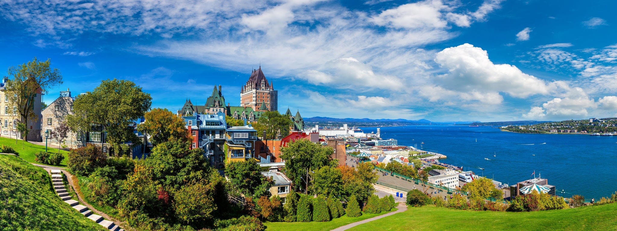 Panorama of Frontenac Castle (Fairmont Le Chateau Frontenac) in Old Quebec City, Canada
