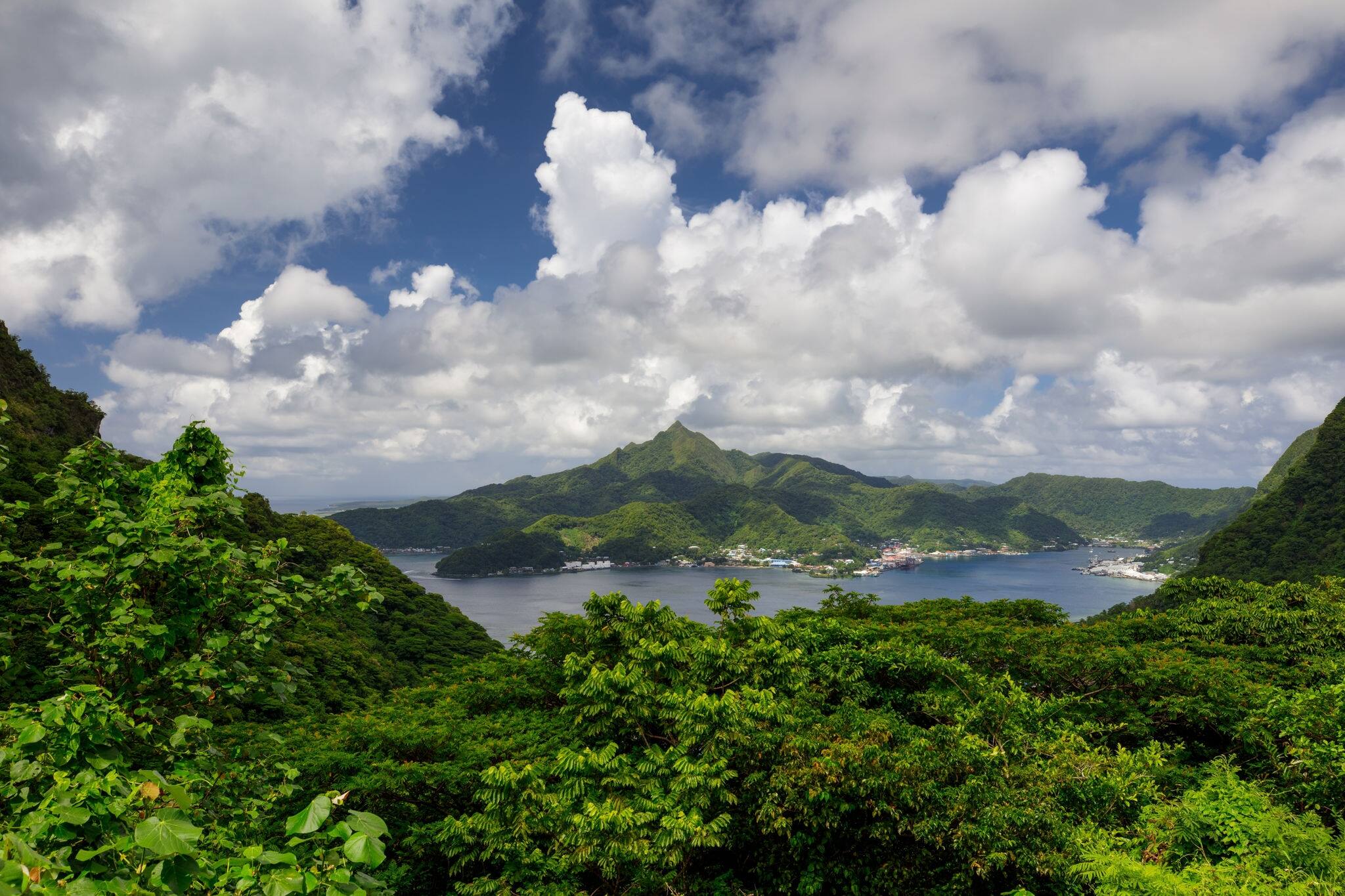 Scenic view of Pago Pago Harbor and Mt. Matafau, Tutuila island, American Samoa