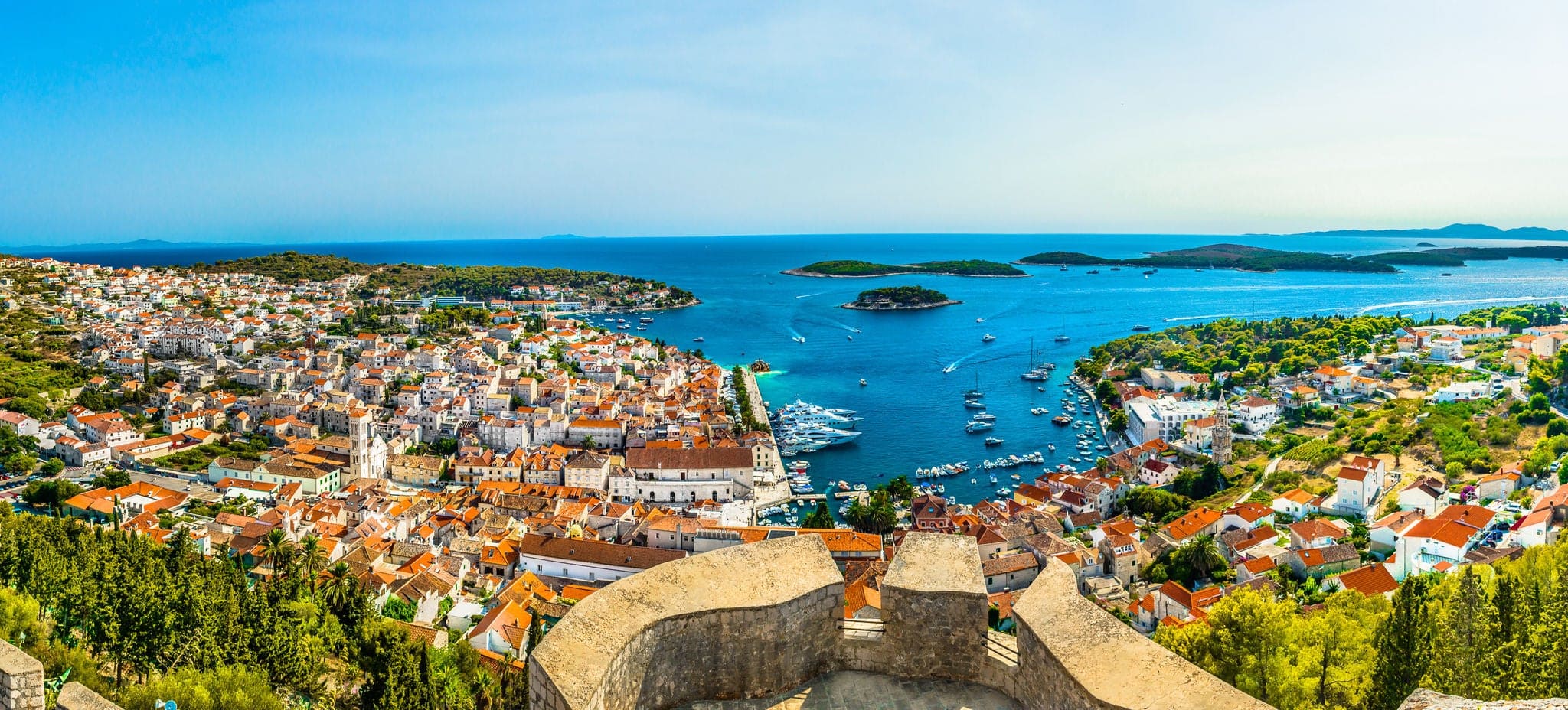 Aerial panorama of Hvar archipelago in Croatia, famous landscape view in Dalmatia region, Mediterranean.