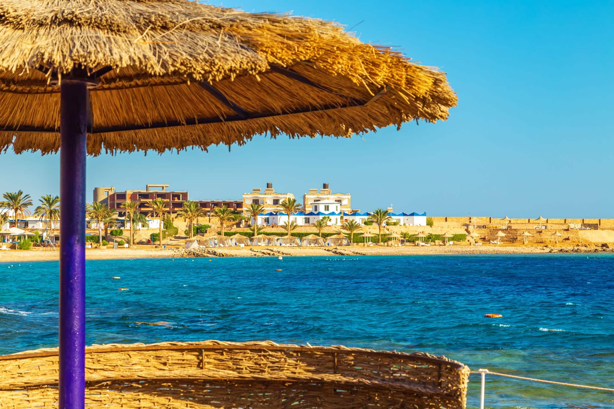 Sunny resort beach on the shores of the Red Sea. Safaga, Egypt - October 22, 2023.