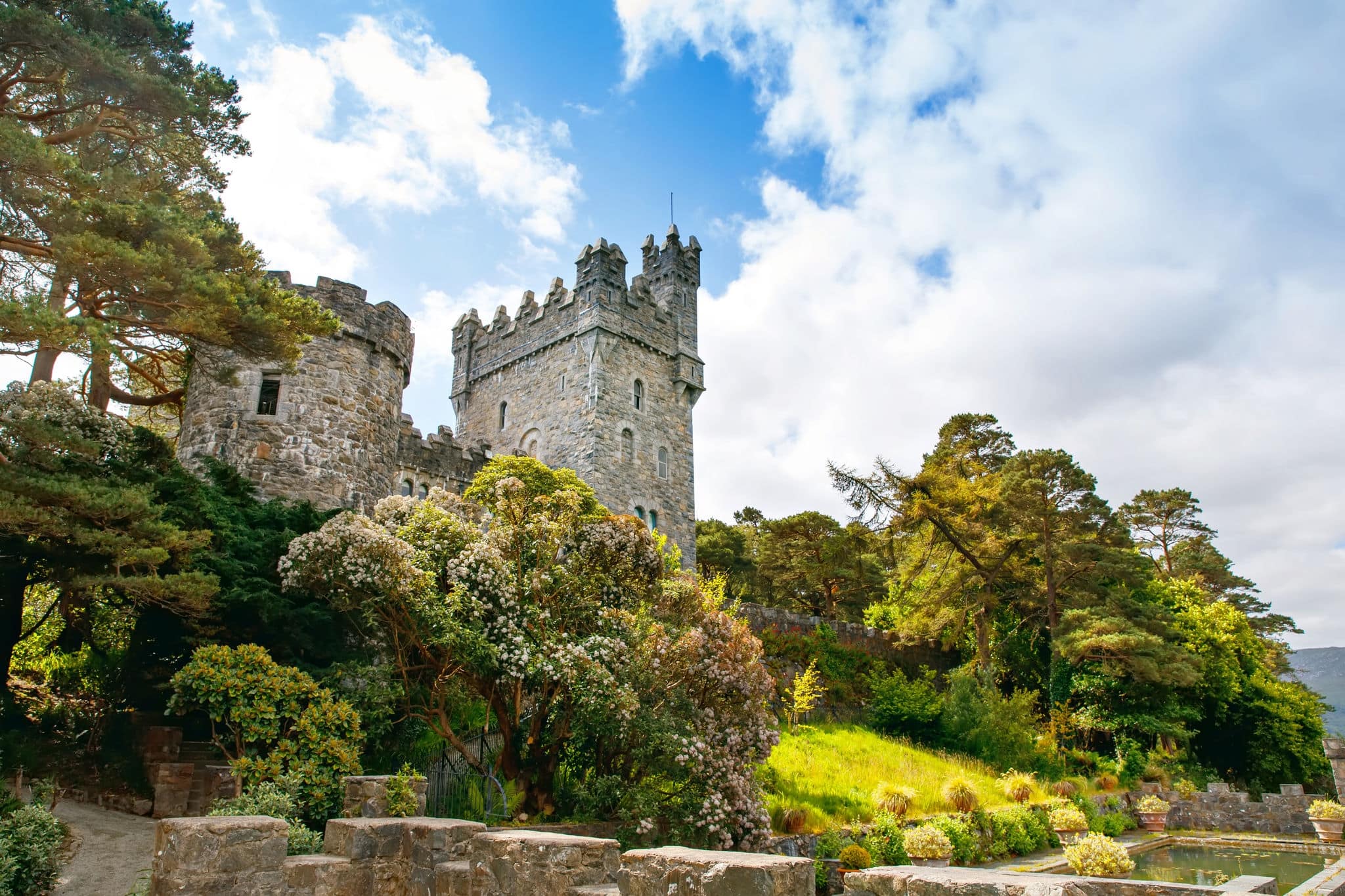 Glenveagh Castle, Donegal in Northern Ireland. Beautiful park and garden in Glenveagh National Park, second largest park of the country. Gleann Bheatha in Irish language