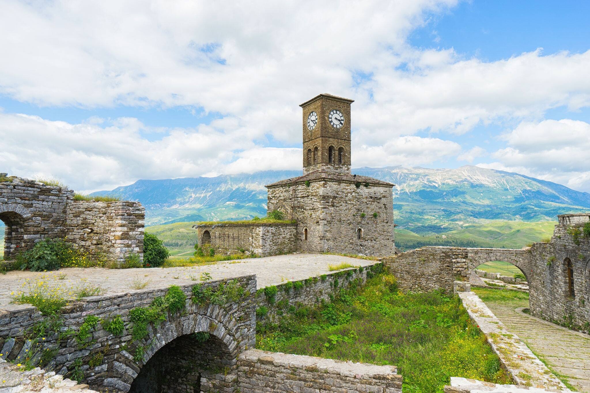 Clock tower in he Gjirokaster Castle in Albania. 