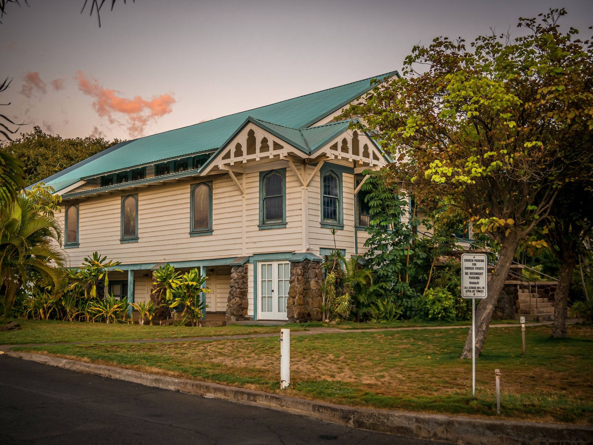 View of historic buildings in Lahaina, a former missionary town and capital of Hawaii before Honolulu and a center of the global whaling industry on the island of Maui.