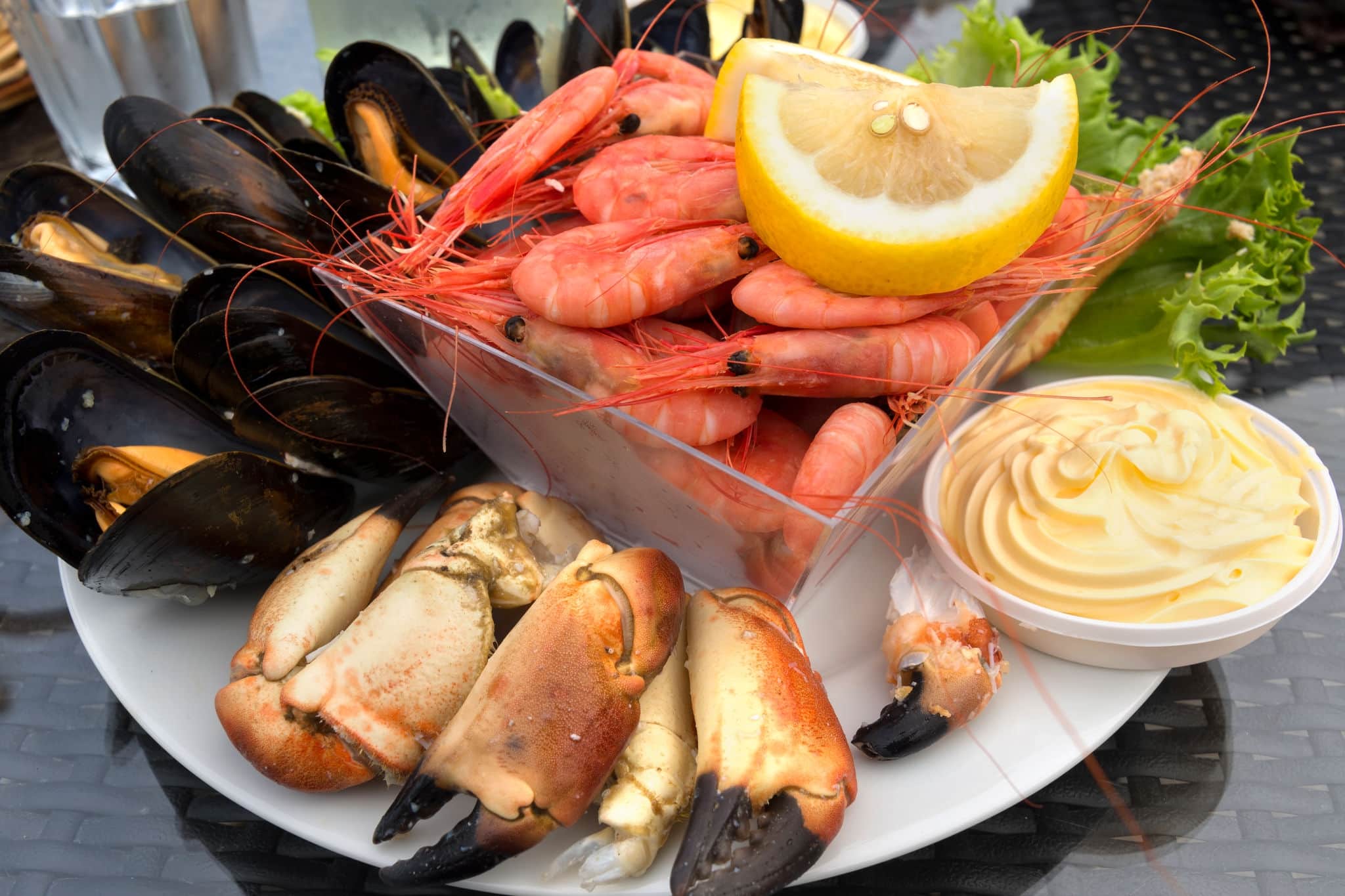 Raw fish dinner with crab, shrimp and mussels in Norway