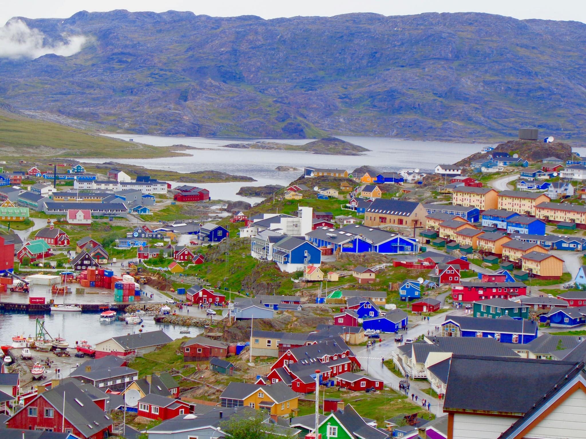     Hilltop view of Qaqortoq, Greenland. The  town is in southern Greenland with a population of around 4,000 people.                          