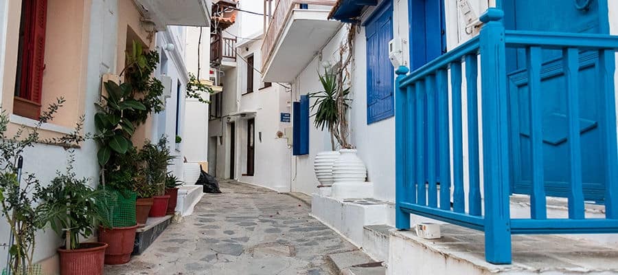 Signature cobblestoned road of Greek Isles in Kos, Greece.