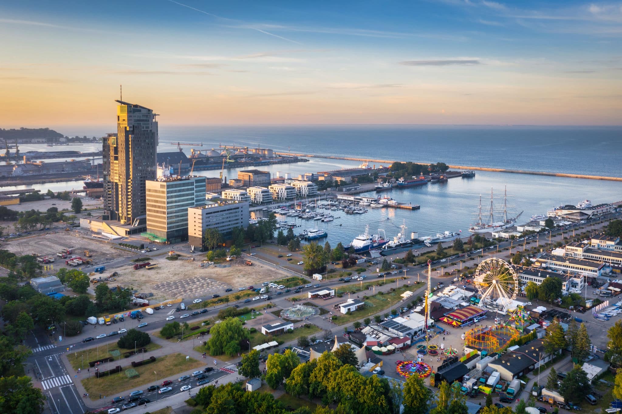 Aerial landscape of the harbor in Gdynia with modern architecture at sunset. Poland