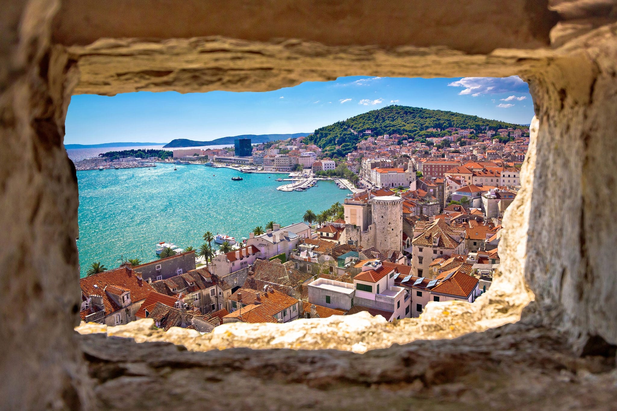 Split  bay aerial view through stone window, Dalmatia, Croatia