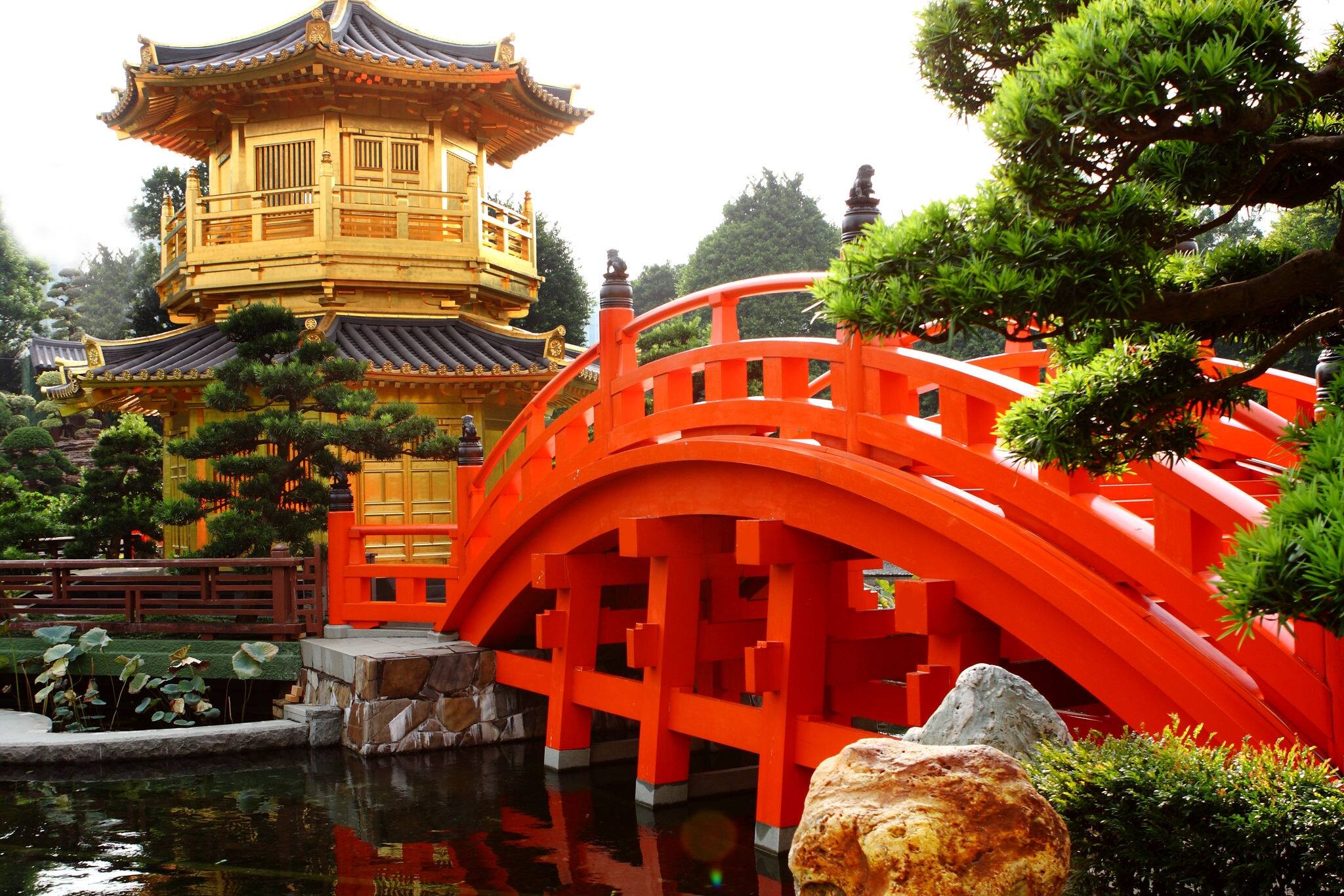 oriental golden pavilion of Chi Lin Nunnery and Chinese garden, landmark in Hong Kong .
