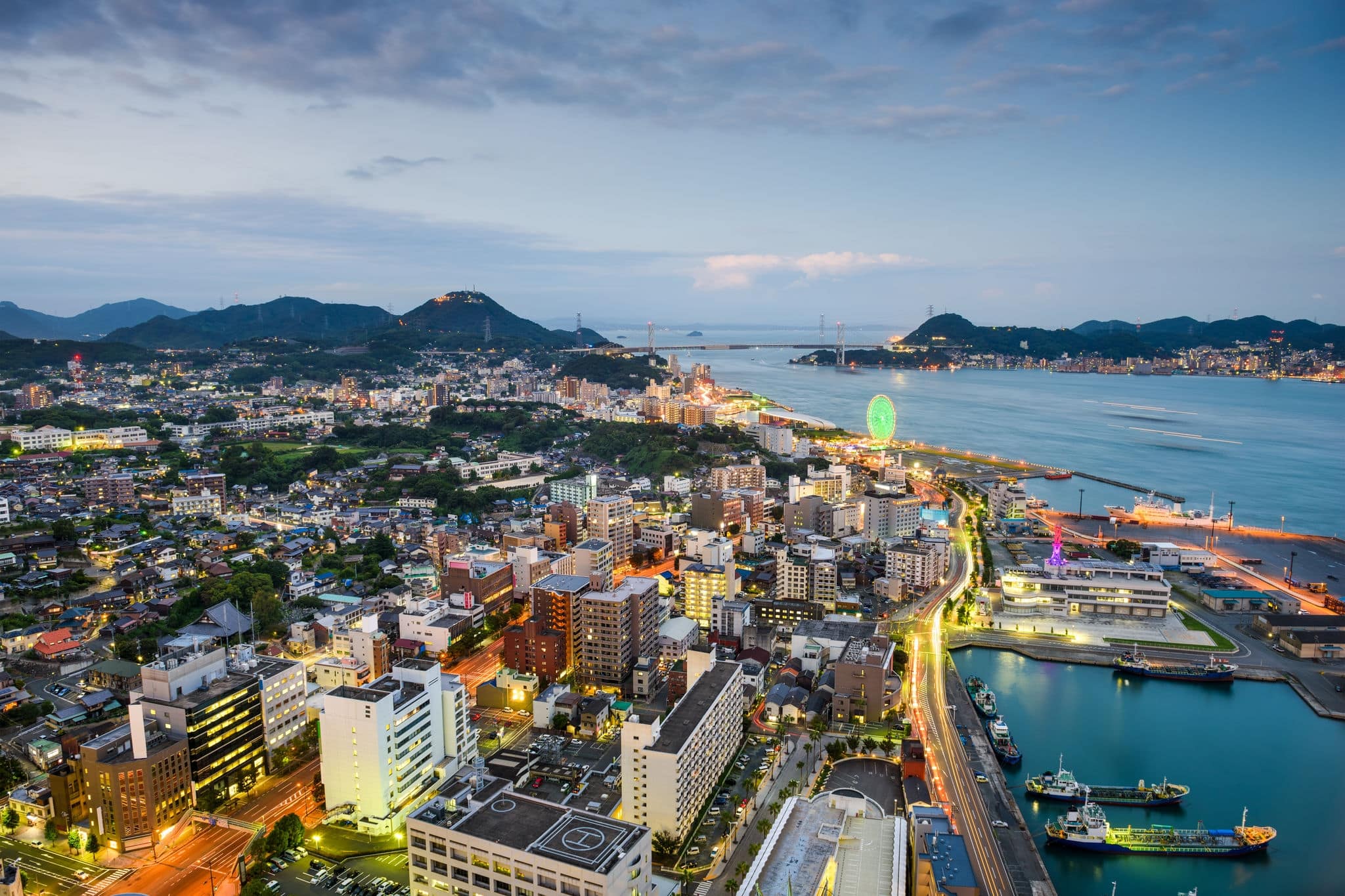 Shimonoseki, Japan skyline over the Kanmon Straits.