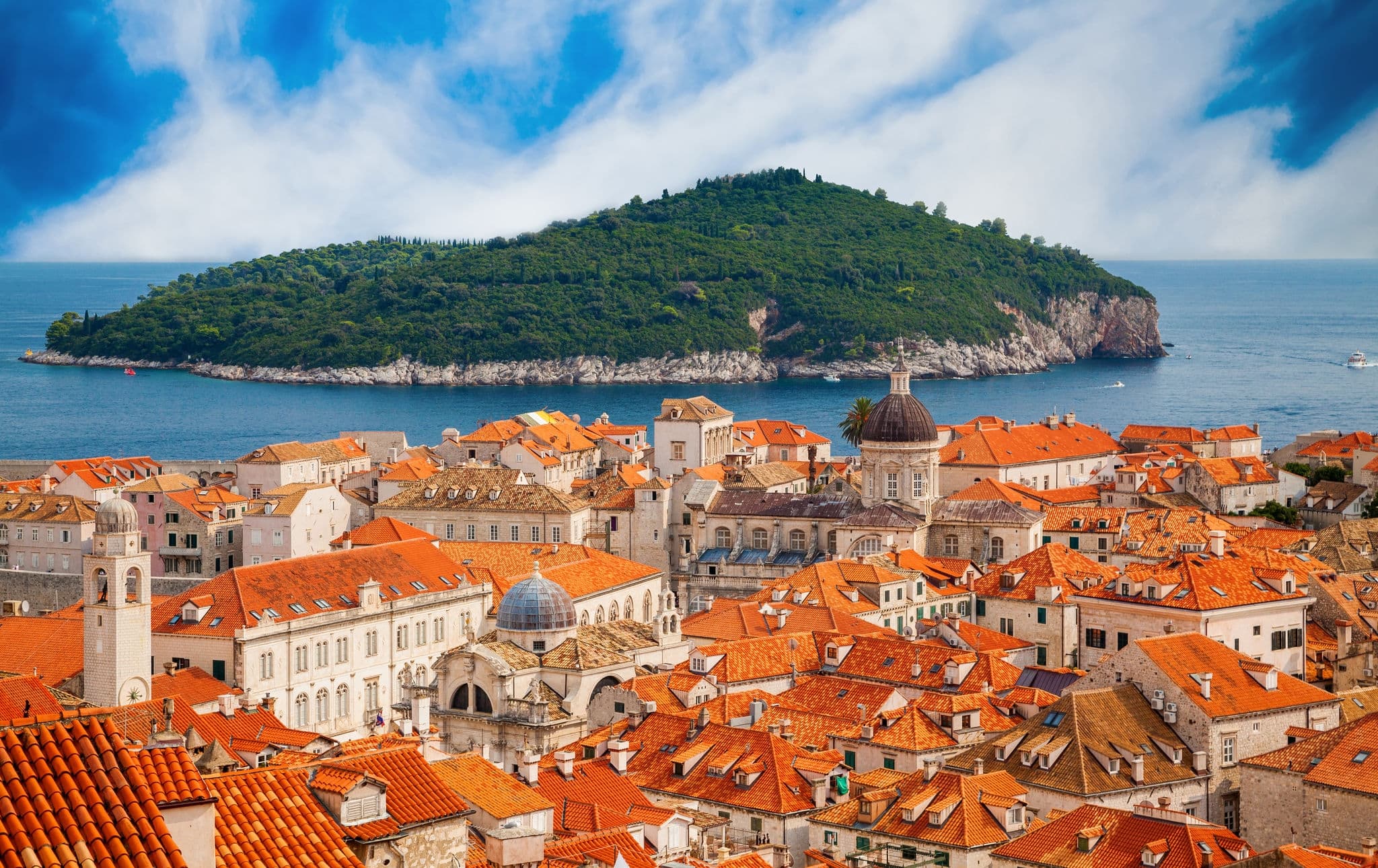 aerial view of the Dubrovnik old town with island Lokrum in a distance, Croatia