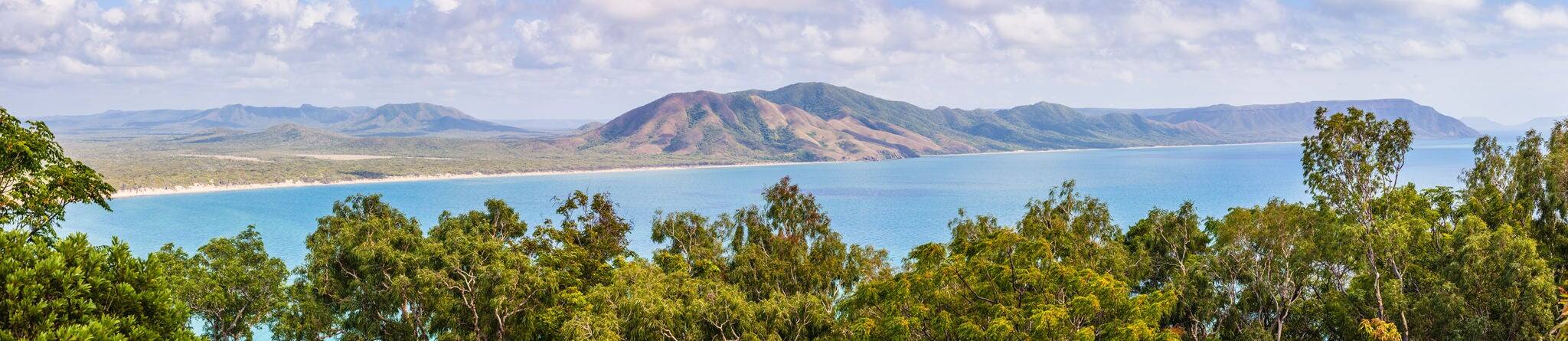 Panoramic view looking from Grassy Hill north to Indian Head, Cooktown, North Queensland, Australia