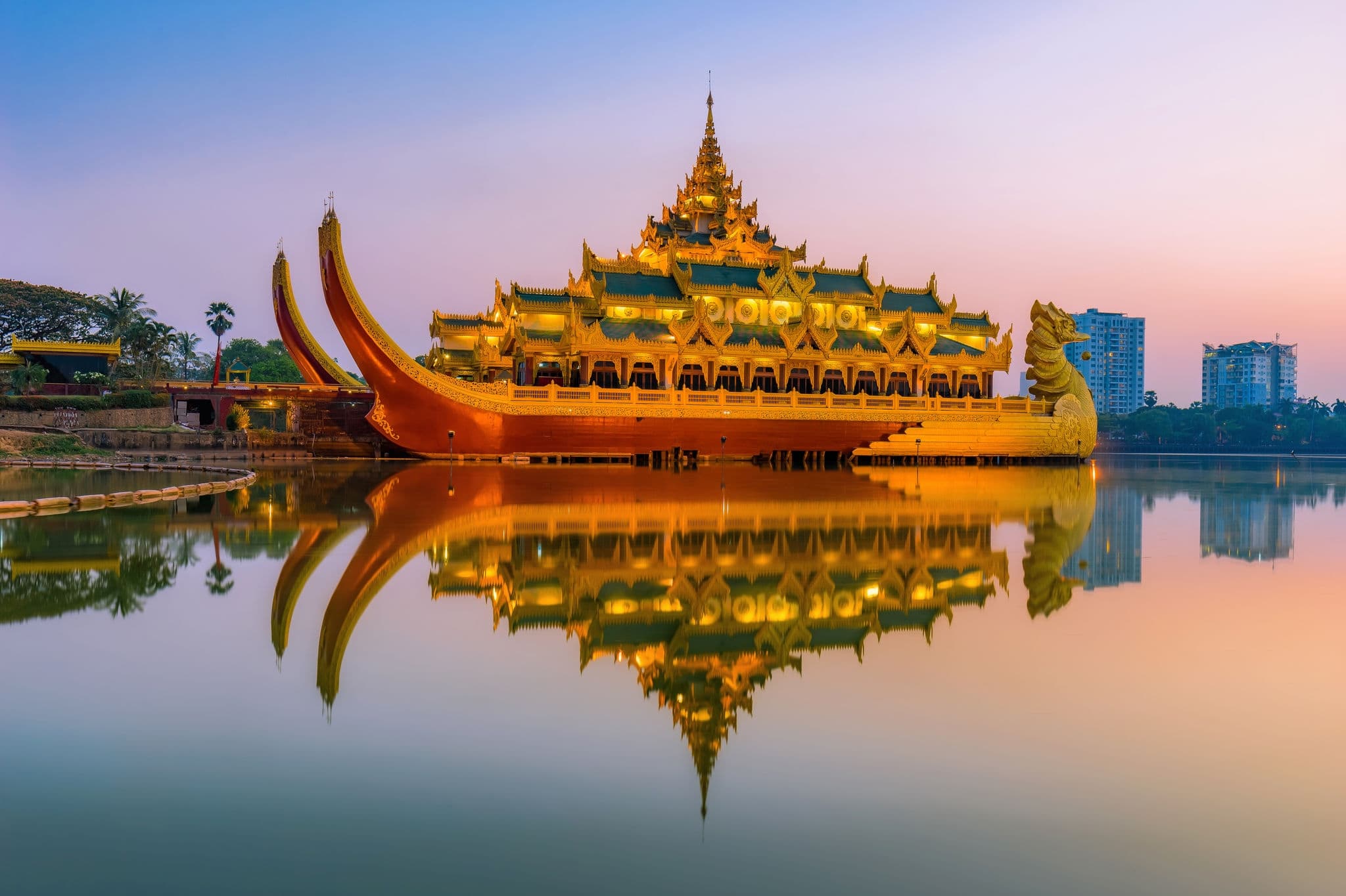 Yangon, Myanmar at Karaweik Palace in Kandawgyi Royal Lake.