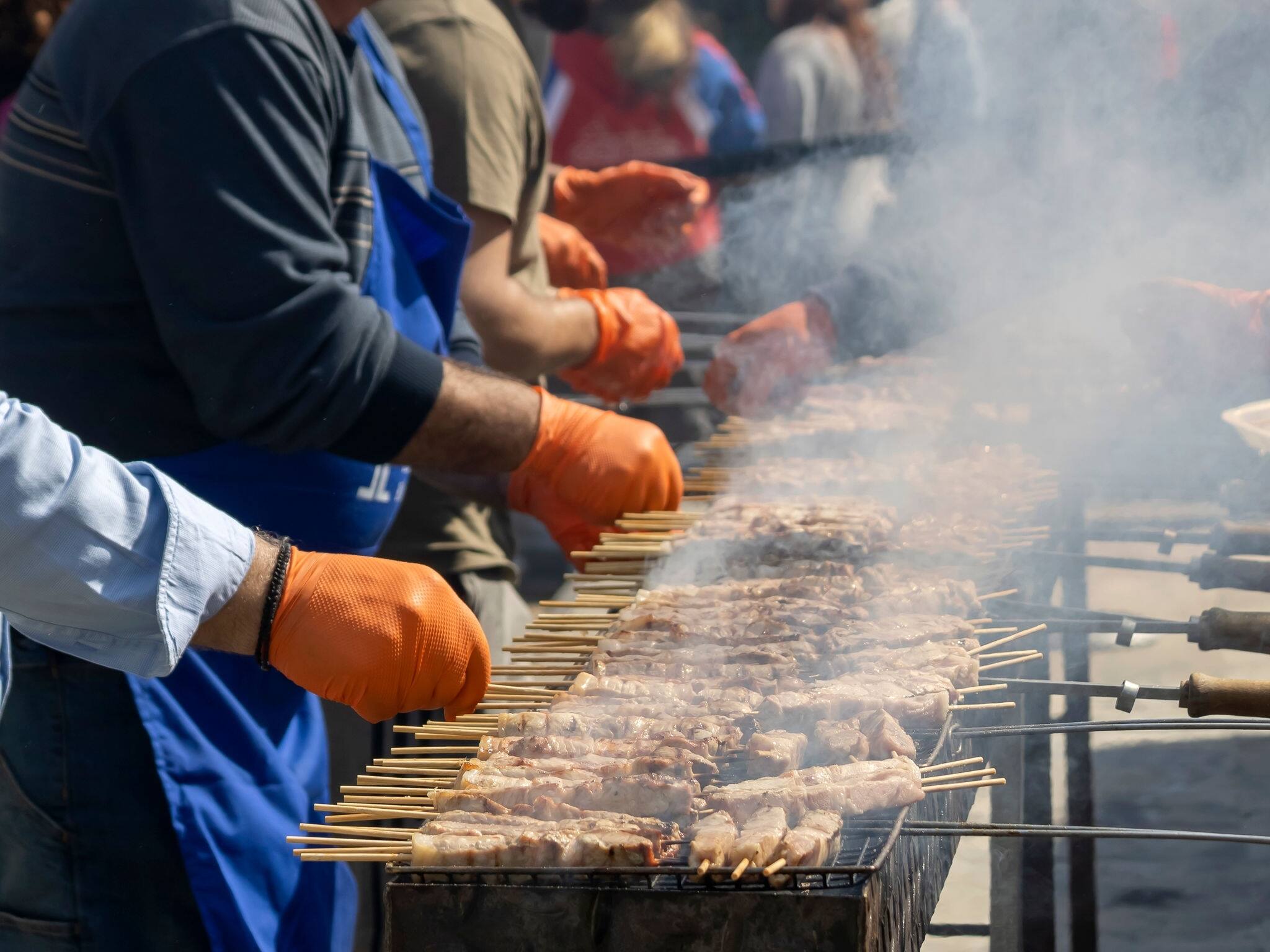 Meat skewers (souvlaki) grilled at Smokey Thursday (Tsiknopempti) in Limassol, Cyprus 