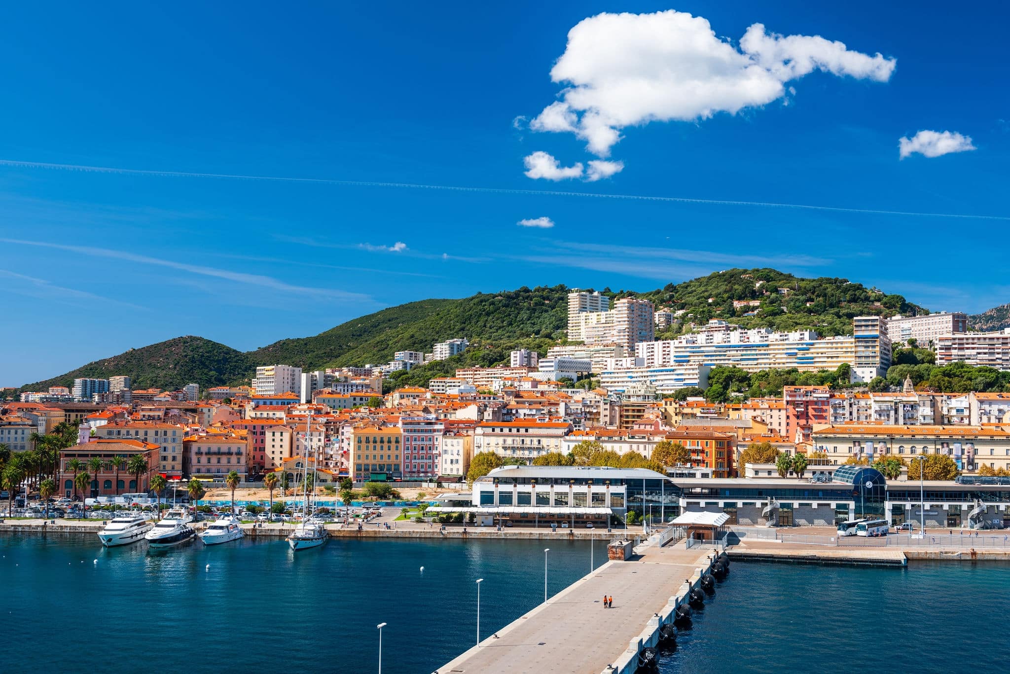 Ajaccio, Corsica, France coastal skyline at the port.