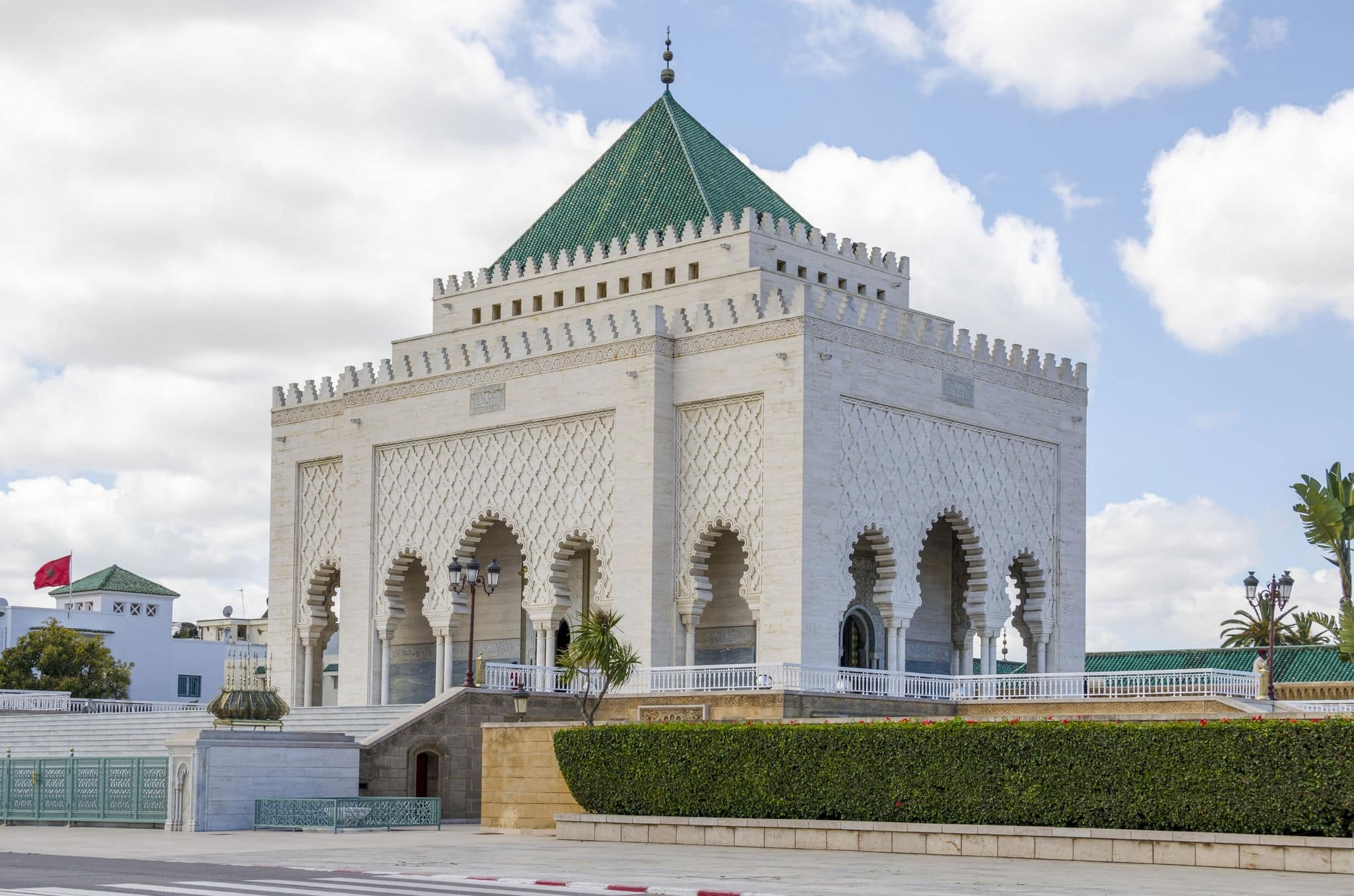 The Mausoleum of Mohammed V, a historical building located on the opposite side of the Hassan Tower on the Yacoub al-Mansour esplanade in Rabat, Morocco.