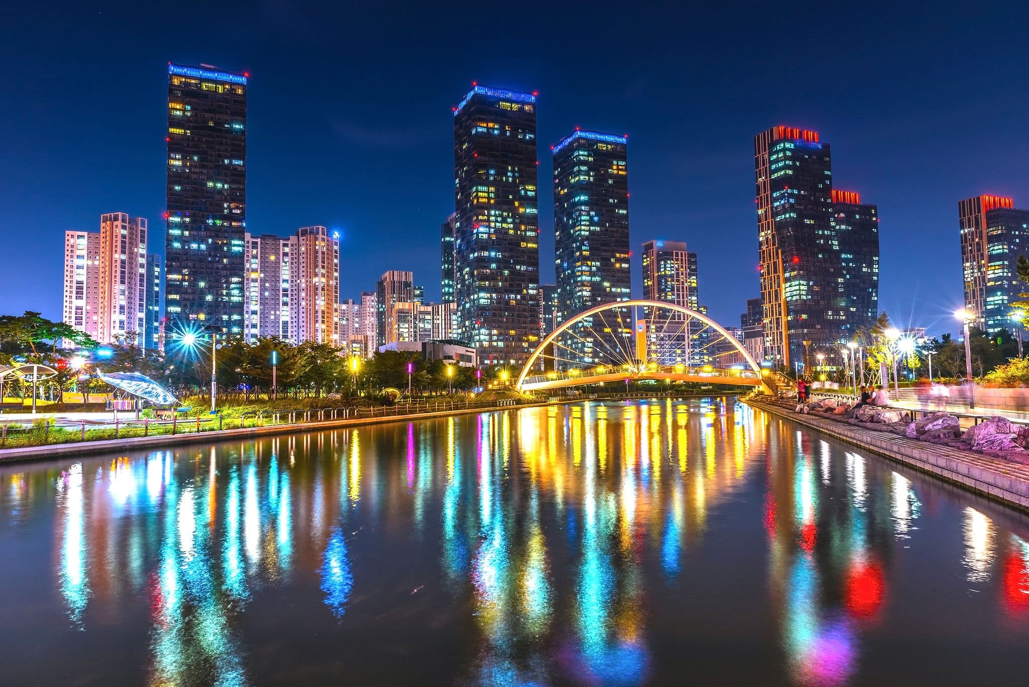 Songdo Central Park at night in Incheon, South Korea