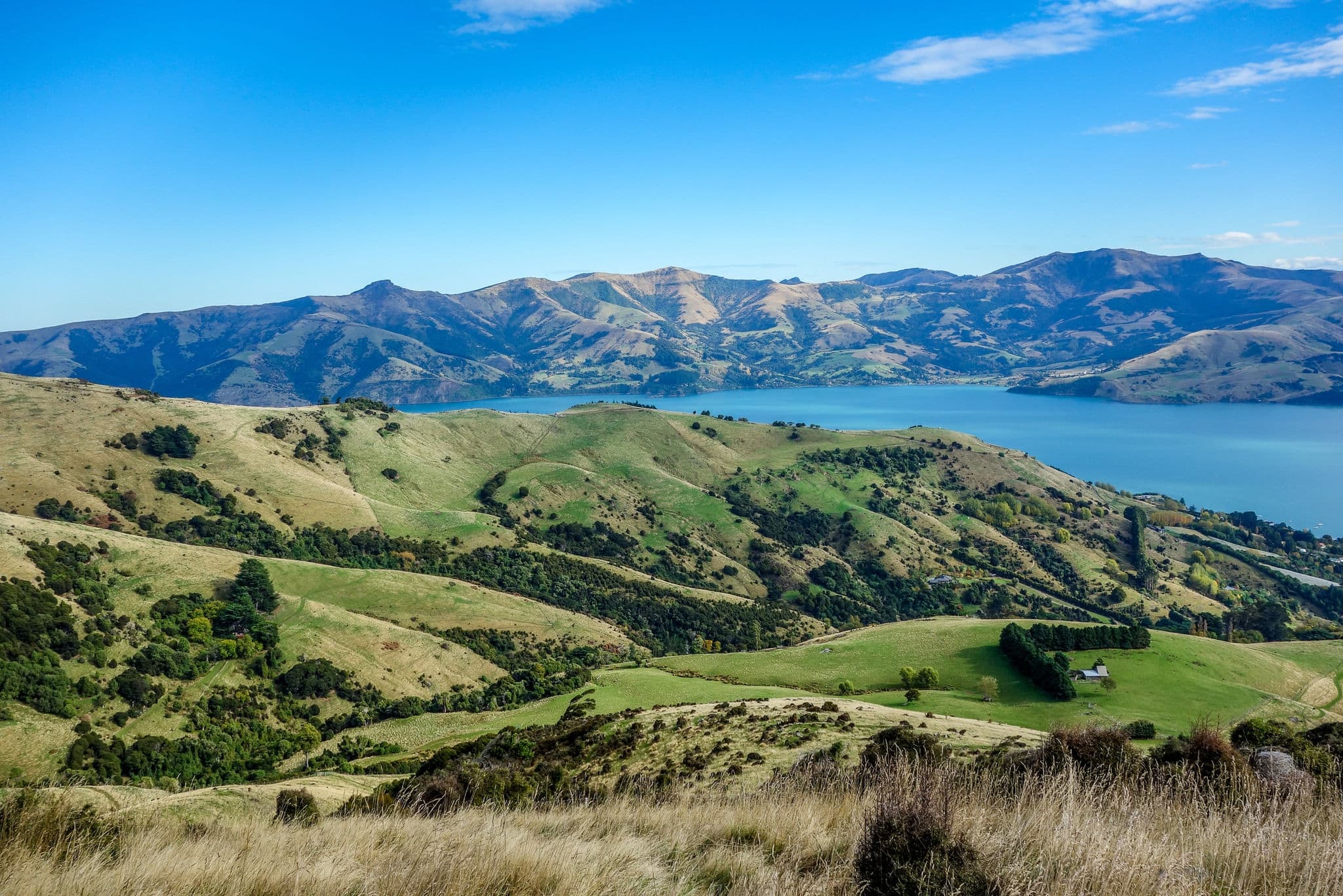 Akaroa village on Banks Peninsula in southern island of New Zealand