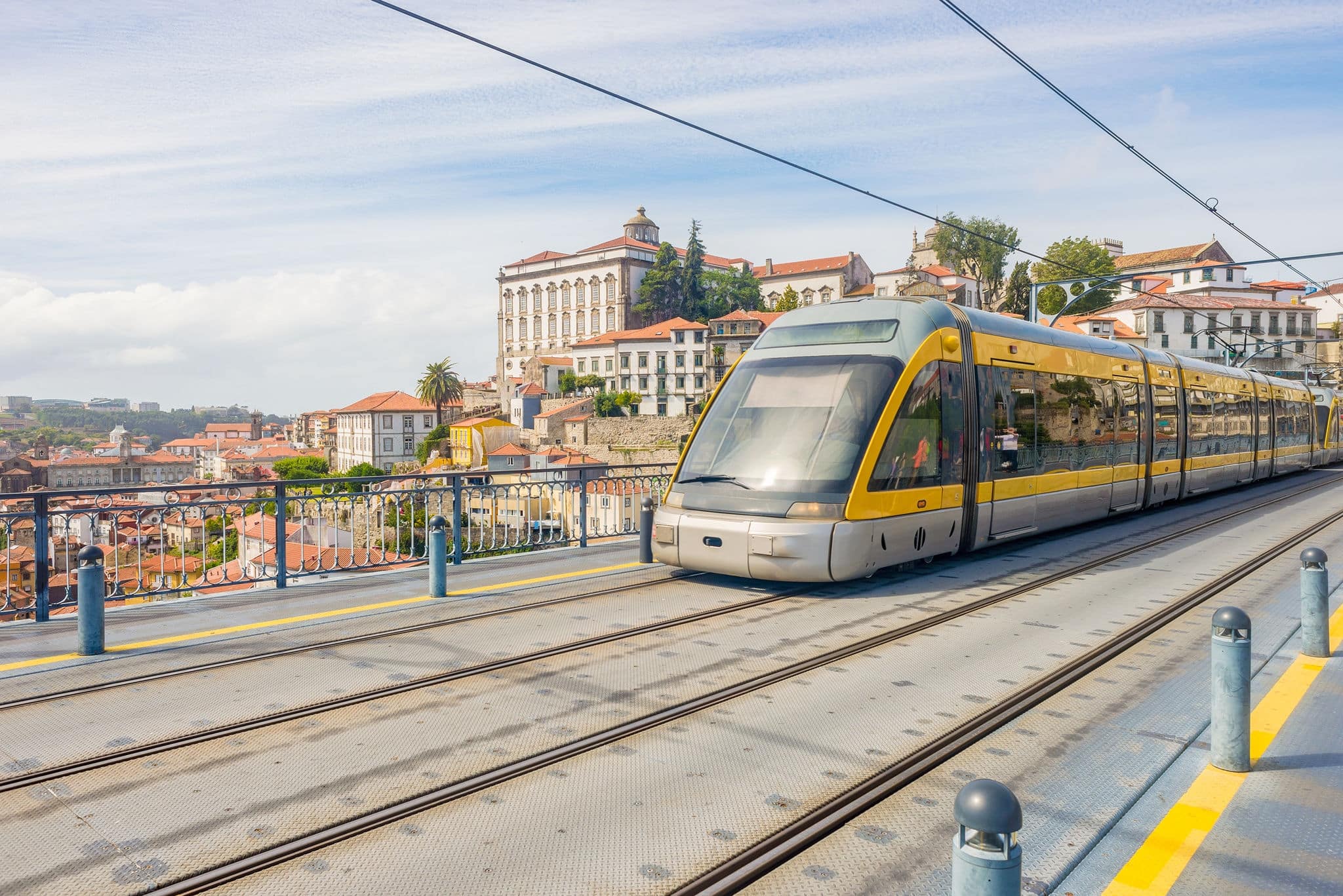 Porto Oporto metro subway tram rain train railway rail at bridge over Douro river, public transport illustration nobody