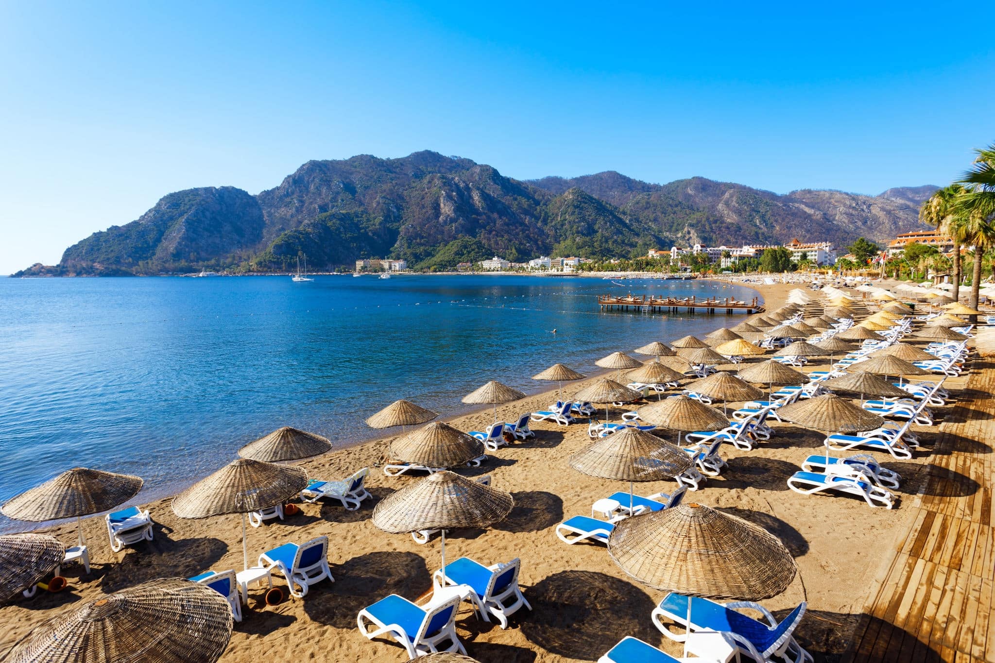 Icmeler main city beach. Icmeler is a town near Marmaris city in Mugla Province, Turkey.