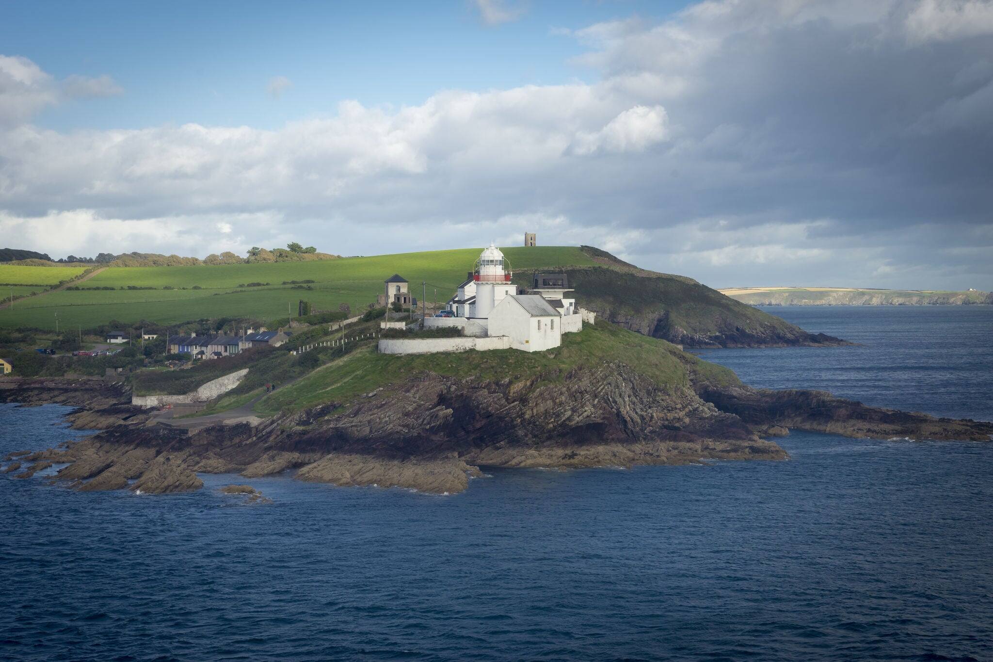 Cork, Ireland - 18 09 2017: View at the exit of Cork Harbor in Ireland. Point light house