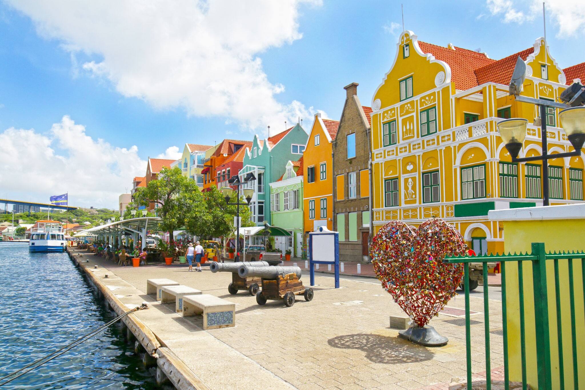 Willemstad, Curacao. Dutch Antilles.  Colourful Buildings attracting tourists from all over the world. Blue sky sunny day.