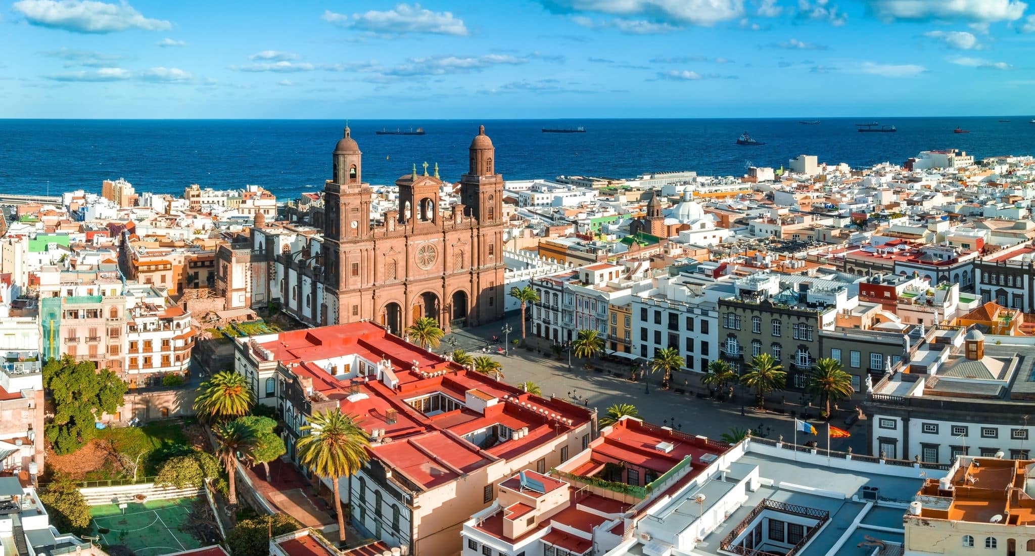 Landscape with Cathedral Santa Ana Vegueta in Las Palmas, Gran Canaria, Canary Islands, Spain. Aerial sunset view of the Las Palmas city.
