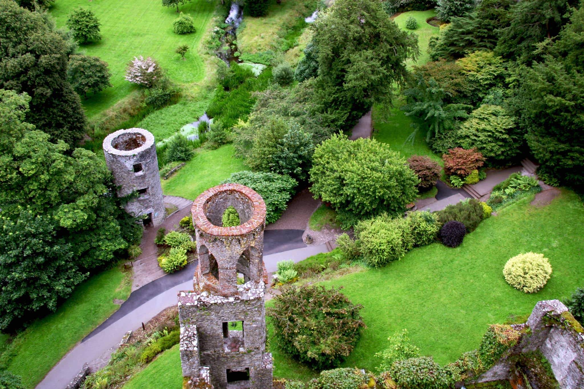 Overhead aerial view of Blarney castle's towers and park near Cork, Ireland