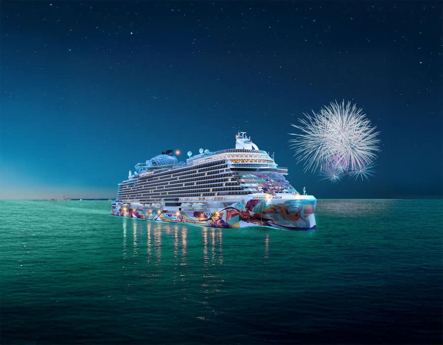 Norwegian Aqua with fireworks in the background